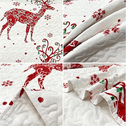 Miniatura 6 de Juego de edredón de Navidad, tamaño Queen, diseño de árbol de Navidad, copos de nieve, reno, retazos, juego de colcha de 3 piezas, reversible,