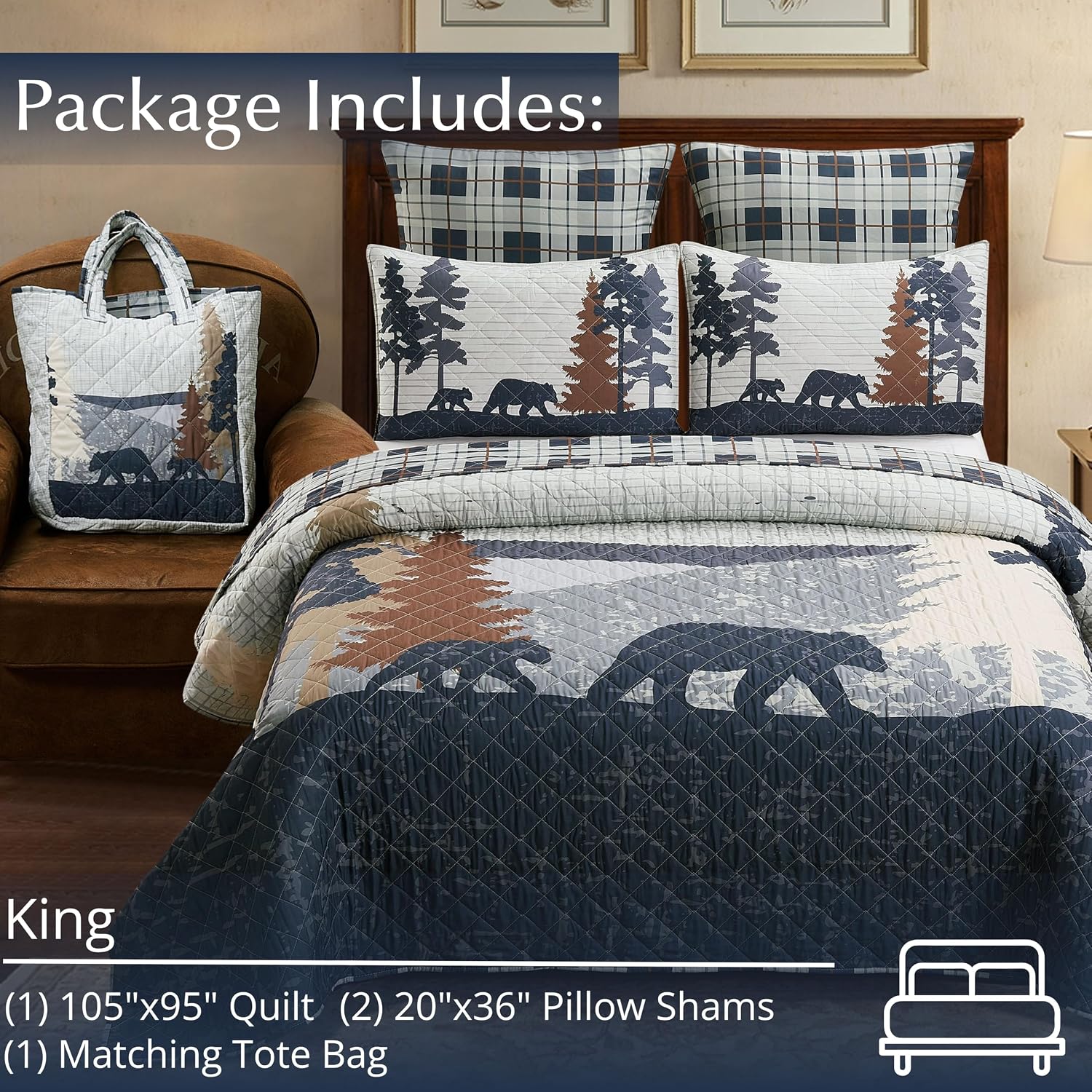 Virah Bella - King Rustic Quilt Set with Matching Tote - Cabin Bedding Comforter Set 2 Shams - Polyester Patchwork Microfiber Back, Warm and Comfortable, Lodge Décor - Hiking Bears