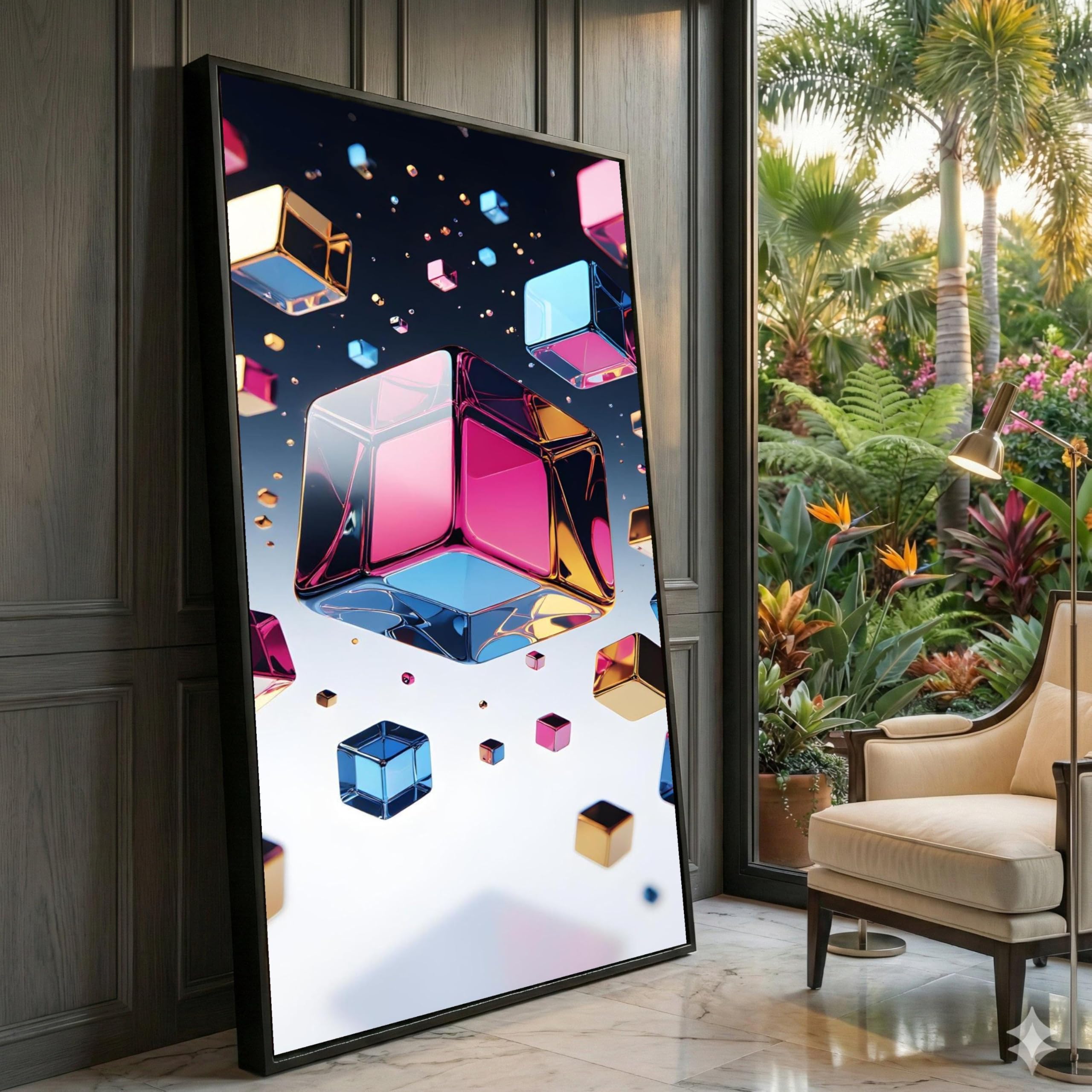 XINBAO Colorful Floating Cubes Canvas Wall Art, Abstract Geometric Design, Home Decor, 3D Illusion Artwork, Shapes Painting(21x30cm/Frameless)
