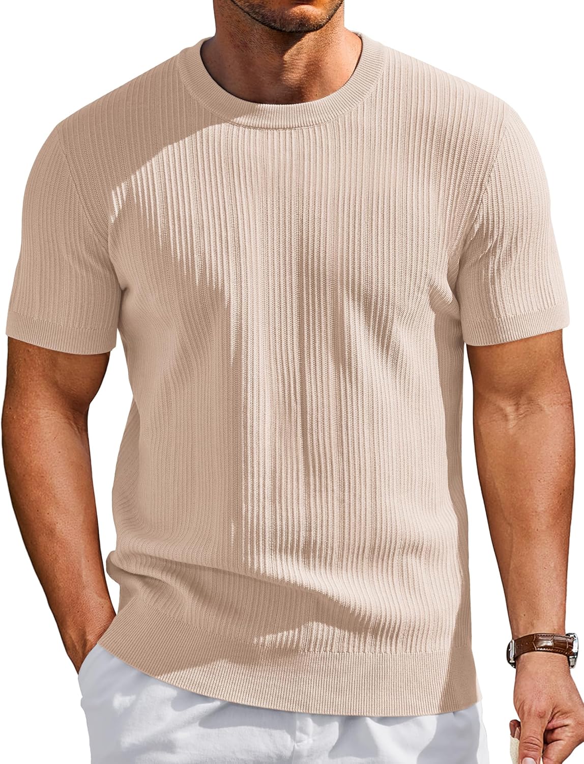 COOFANDY Men's T-Shirts Short Sleeve Knit Shirts Casual Crewneck Ribbed Dress Tee Shirt