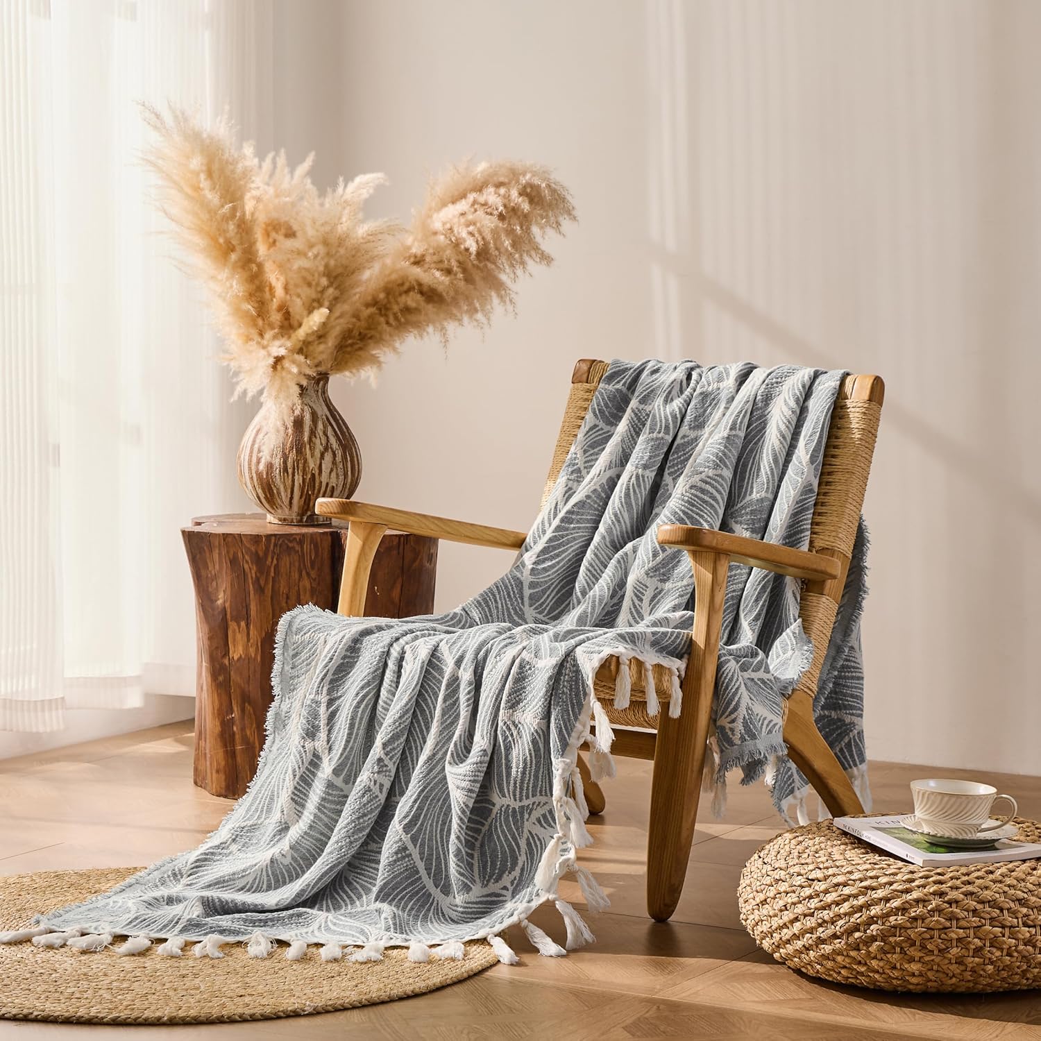 DOWN HOME Chenille Cotton Throw Blanket for Couch, Lightweight Boho Blanket for Bed Sofa Chair Living Room Outdoor Soft Woven Decorative Blanket with Tassel Gift Grey Leaves 60"x80"