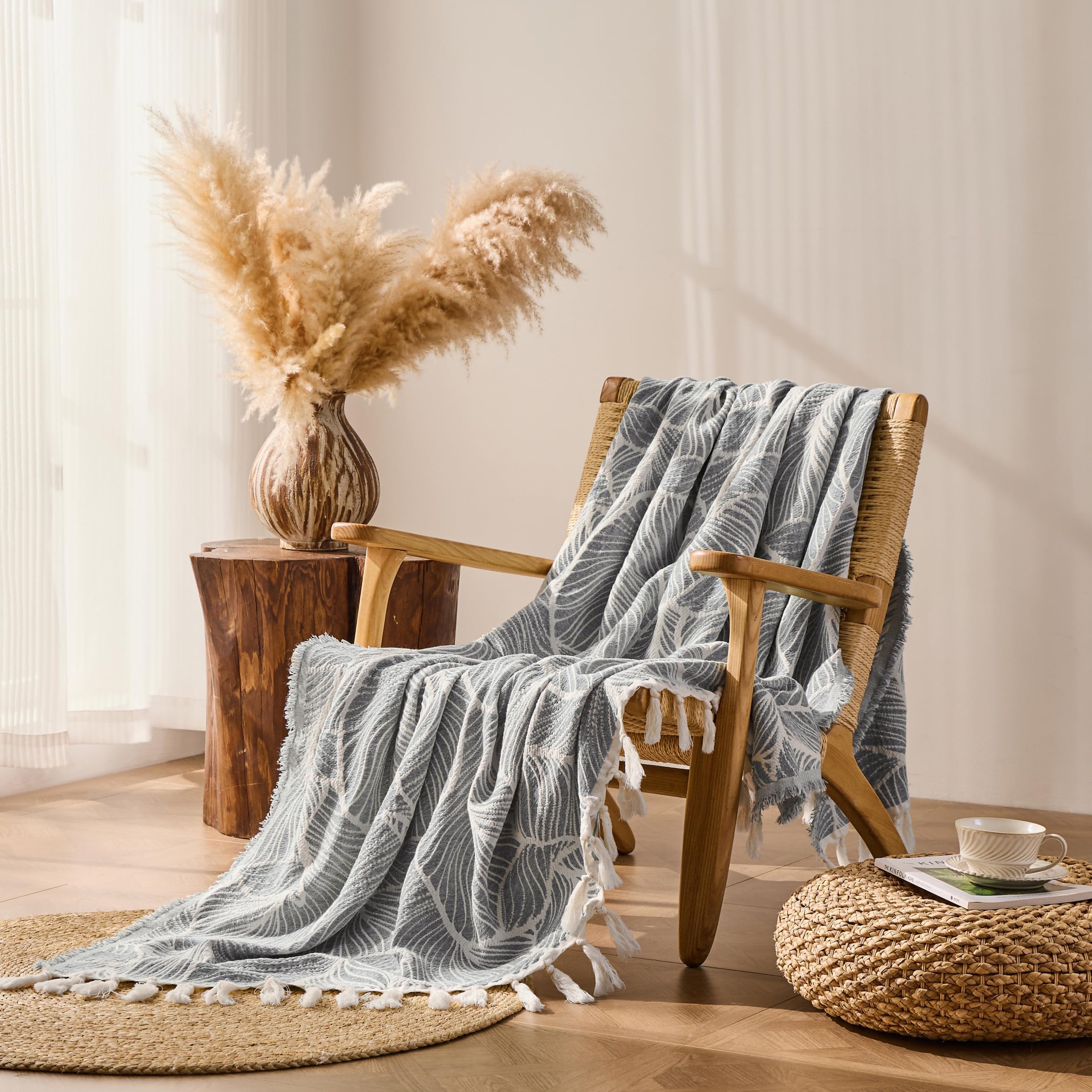 DOWN HOME Boho Throw Blanket for Couch, Chenille Cotton Lightweight Blanket for Bed Sofa Chair Living Room Outdoor Soft Cozy Home Decorative Blanket with Tassel Gift Grey Leaves 50"x70"