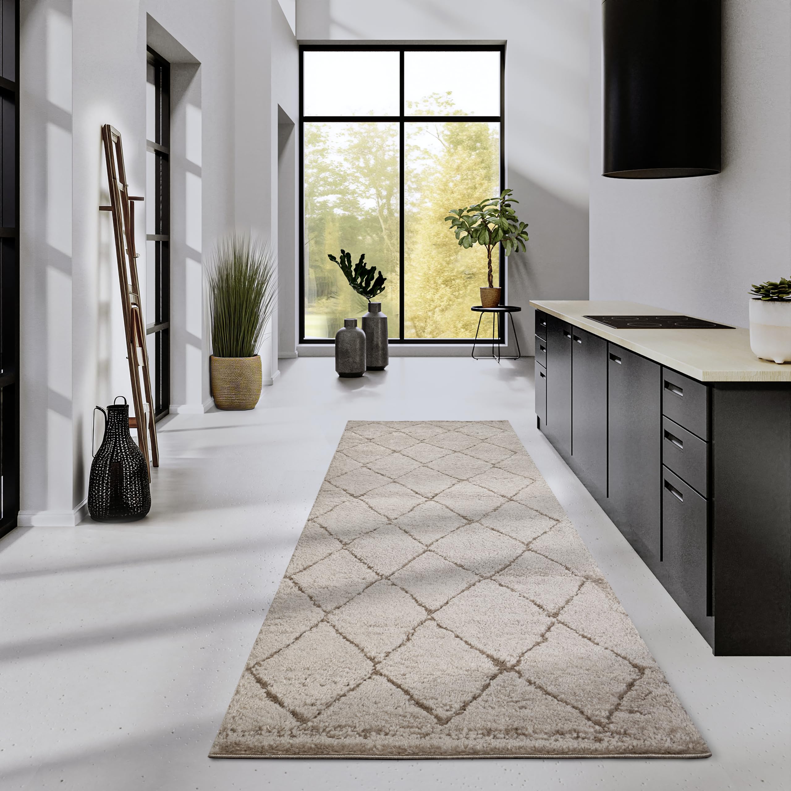 Elle Decor ation High Pile Perrotin Rug, Modern Living Room Rug Runner, Long Pile Shaggy, Modern Pattern, Fluffy Soft Boho for Living Room, Bedroom - Beige, 80 x 240 cm