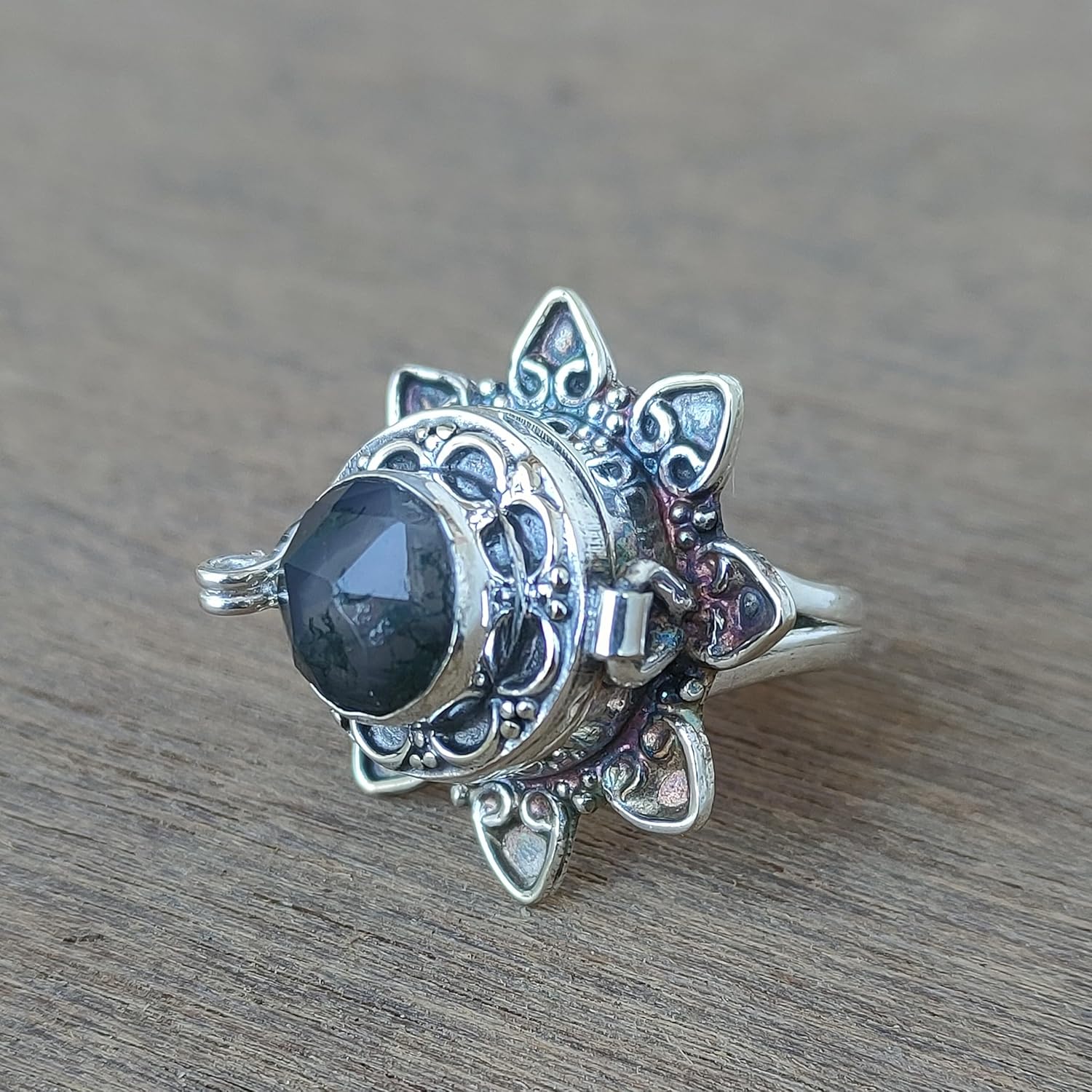 Vintage Poison Ring|Natural Moss Agate,Poison Ring|Secret Compartment| Boho Hippie|925 Sterling Silver Plated| Halloween Day Gift