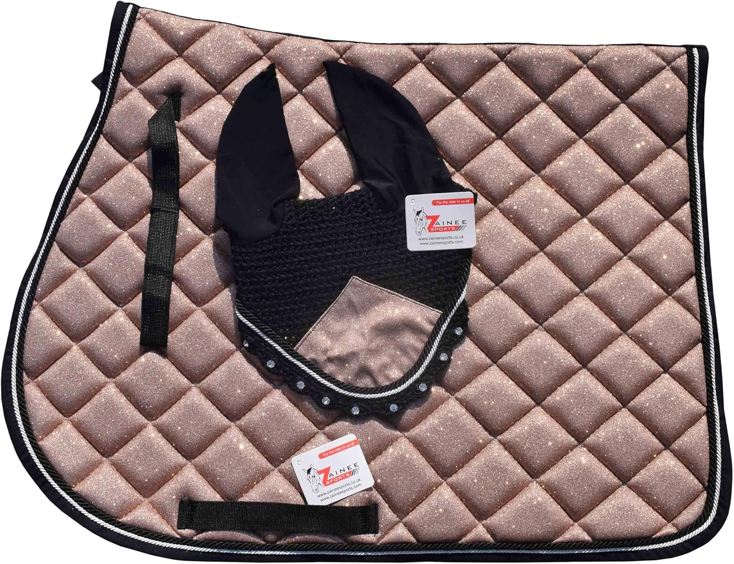 Rose Gold Glitter Grade Saddle Pad Set Matching Ear Bonnet | Equestrian Show Gear | Horse Riding Matchy Set | Dressage or Jumping/Hunter