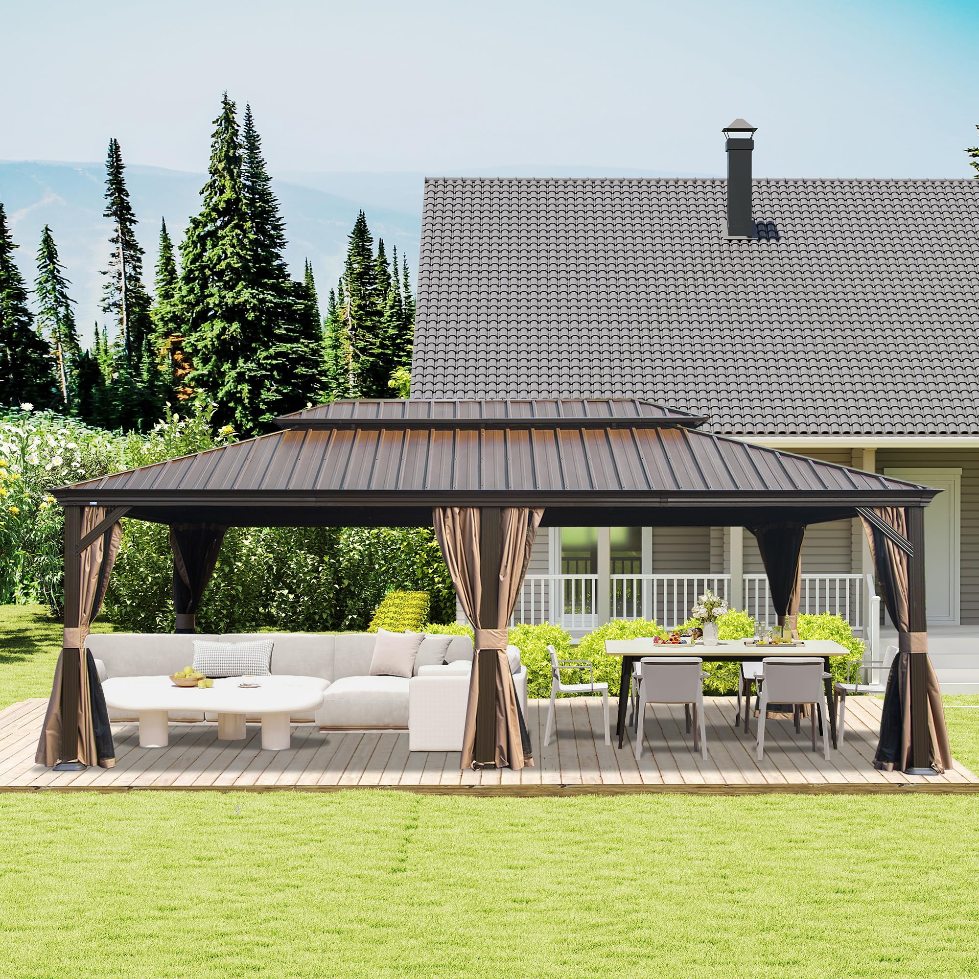 Domi 14' X 24' Hardtop Gazebo, Upgraded Metal Gazebo with Drainage System, Dual-Layer Galvanized Steel Roof, Curtain and Netting, Outdoor Shelter