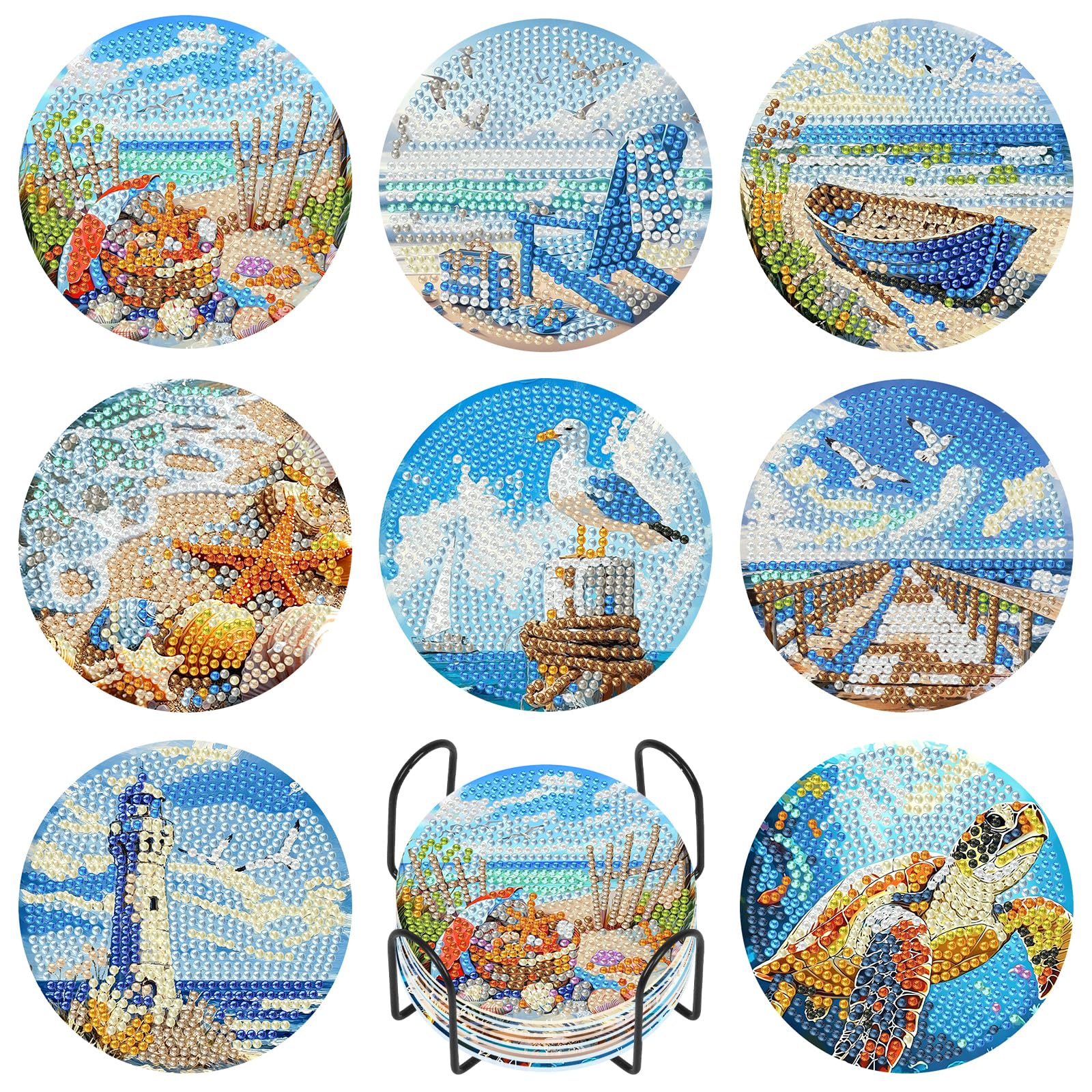 Camocin Art Lbukbd8p04 8 Pack Beach Diamond Art Coasters Set With Holder And Cork Backing