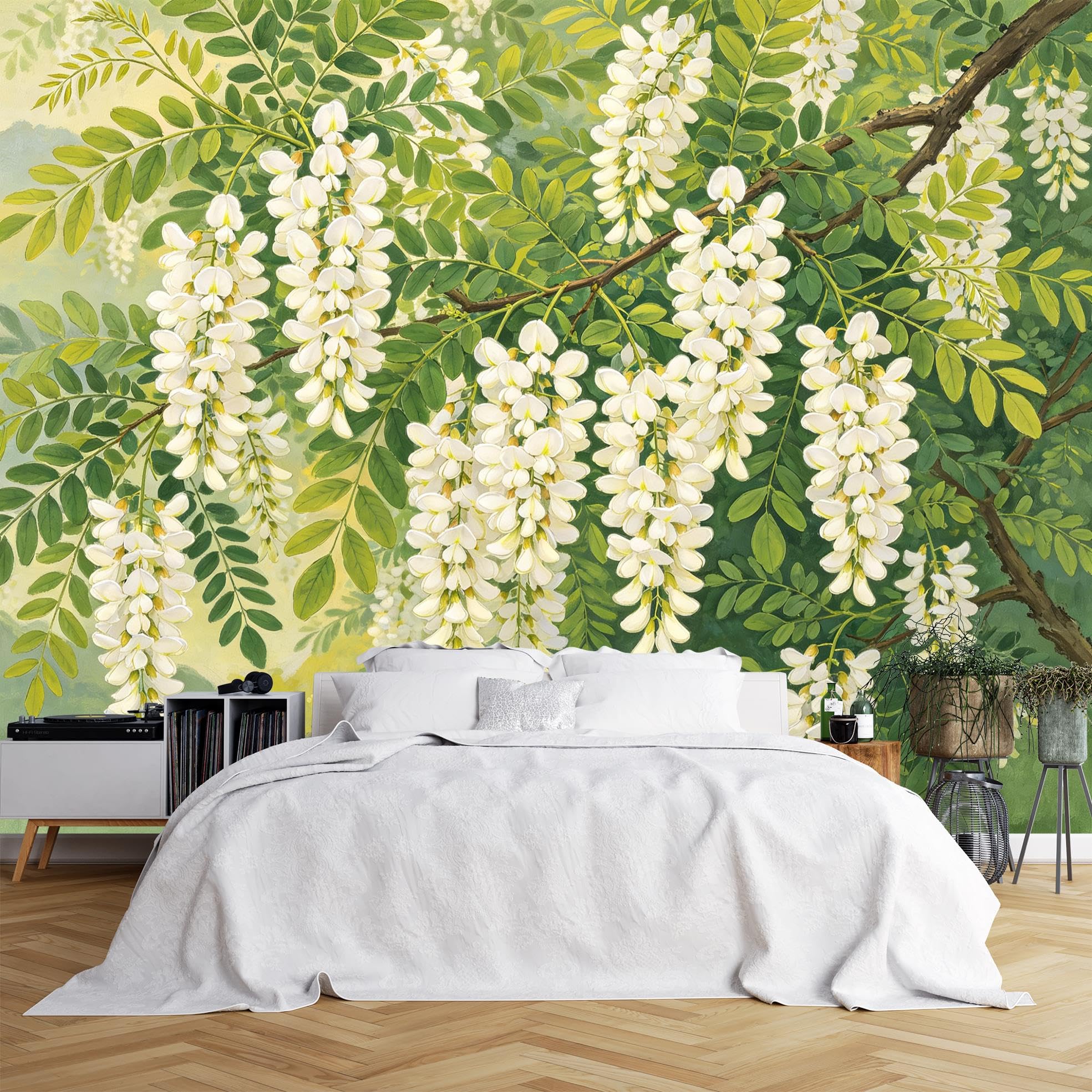 Papier Peint Mural Aquarelle De Fleurs Blanches, Vinyle Autocollant 280 X 180 cm (L X H), Amovible, Imperméable, Grand Format, Motif Botanique, Idéal pour La Décoration De Chambre ou De Salon.