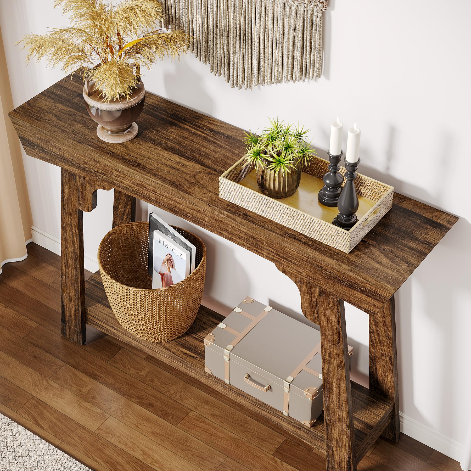 Tribesigns Consoletafel 105 Cm Met 4 Niveaus, Smalle Industriële Banktafel Met Rond Metalen Frame, Houten Ingangstafel Met Opbergrekken Voor Woonkamer (Lichtbruin