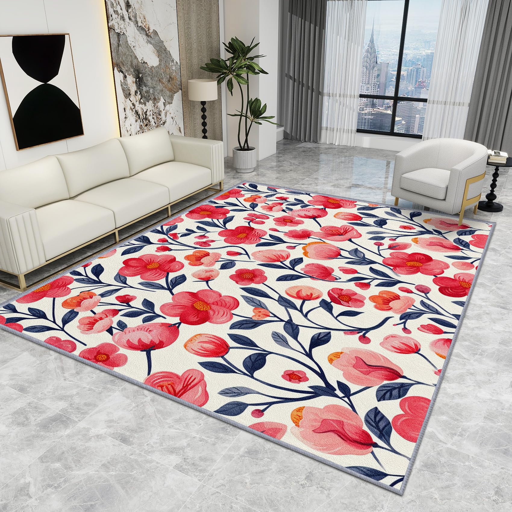 Floral Rug Pink - Flower Rug - Pink Floral Botanical Rugs, Bright Vintage Romantic Spring Carpet, Washable Rug Non Slip Low Pile Soft Small Area Rugs, Flower Home Decor Gifts, 60 X 90 cm