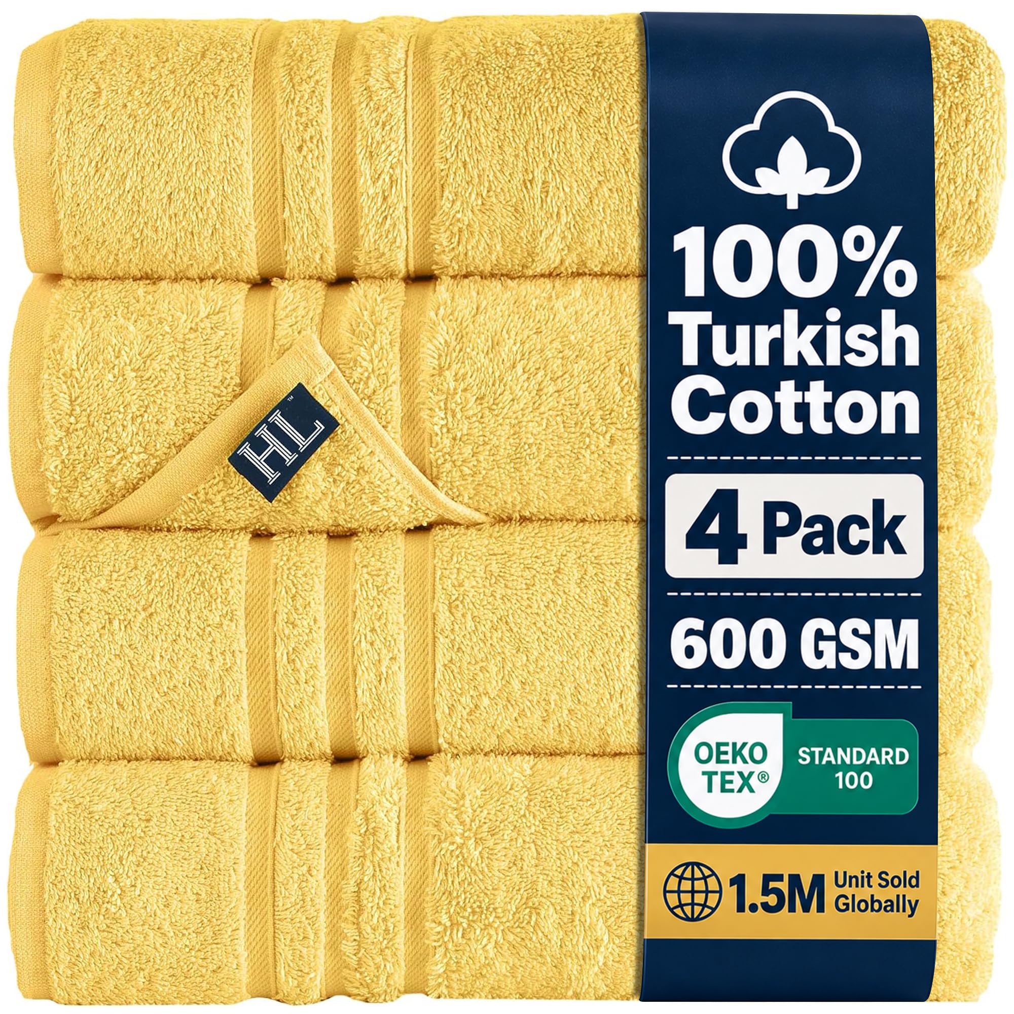Hawmam Bath Linen Towels Large, Turkish Cotton, 4 Pack, Yellow