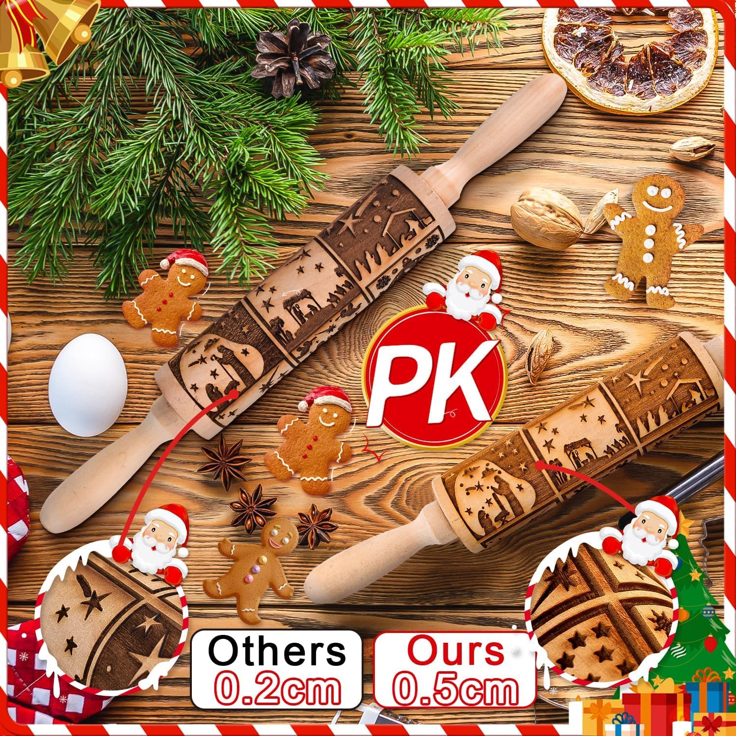 Rouleau à pâtisserie en bois 3D 35 cm motif fleurs de Noël