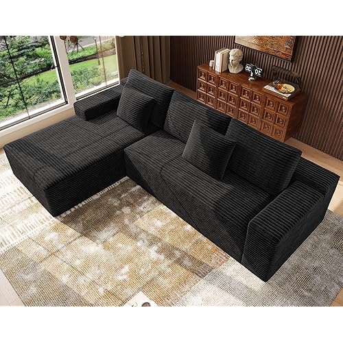 Boneless Modular Sectional Sofa, Cloud Couch with Left Facing Chaise, Oversized Deep Seat, L-Shaped, Soft Corduroy Fabric, Sectional Couch for Living Room -Black