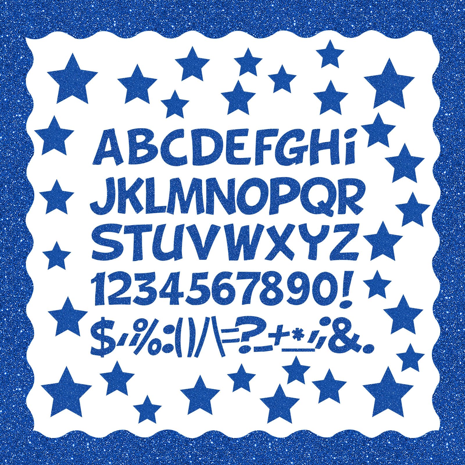 Containlol 188 Pcs Blue Glitter Bulletin Board Border Poster Letter Star Cutout Set, 59 ft Scalloped Border Trim Alphabet Letter Stars Number