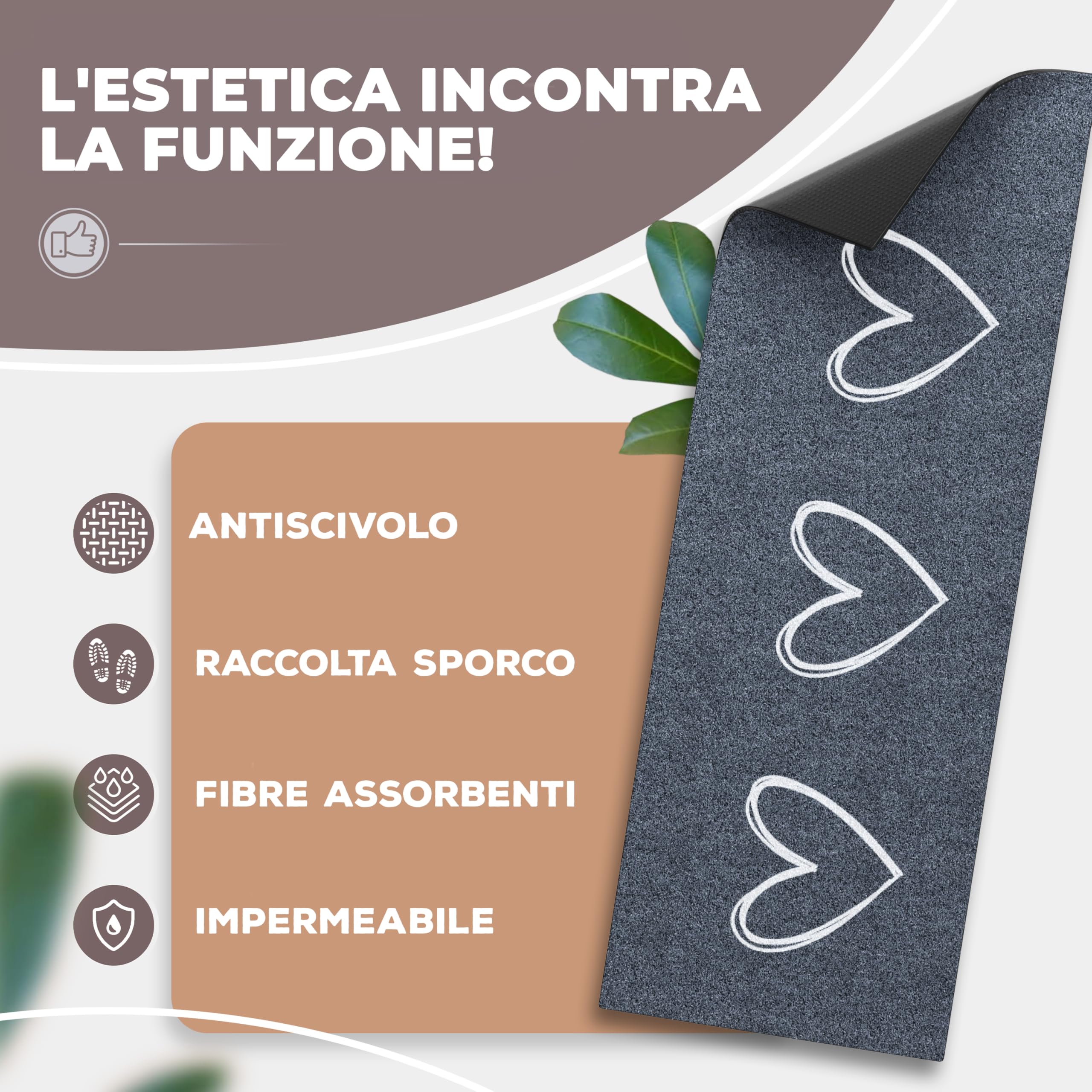 ElbFuchs® Zerbino 75 x 30 cm con cuori [extra antiscivolo e adatto per lavatrici] Zerbino per esterni e interni, zerbino | Zerbino | Parcheggio scarpe