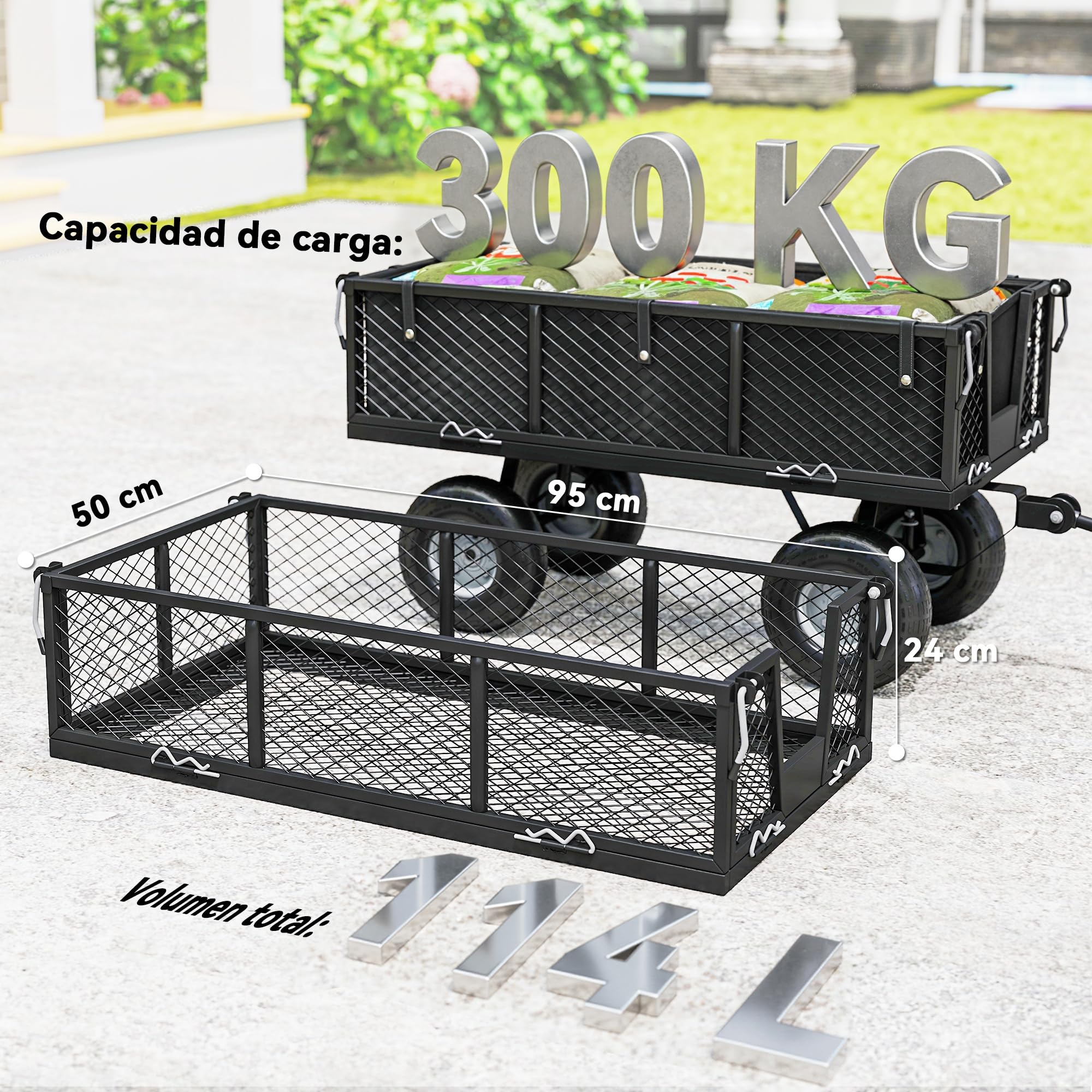 Outsunny Carrito de Jardín con Ruedas Grandes, Carga 300 kg, Carro de Mano con Asa Ajustable y Bolsa Impermeable Removible, Carrito de Transporte para Todo Terreno, Compra, Camping, Negro