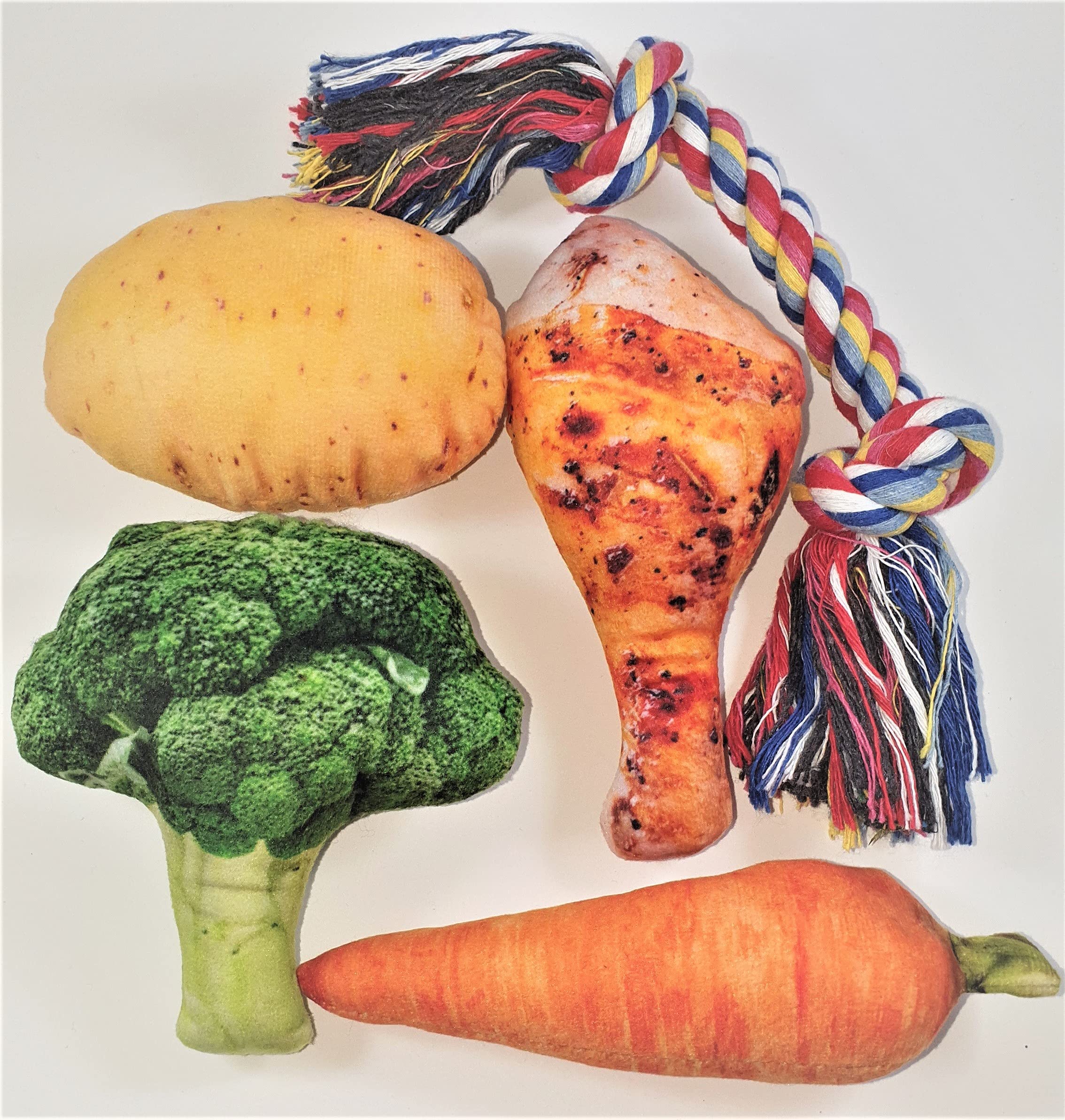 Dog / puppy Squeaky Chew Toy set. 5 pieces plush realistic drumstick veggies + bonus Rope toy for pulling and tugging. Great for small to medium dogs. Let your pet share in a fun cute Sunday Roast