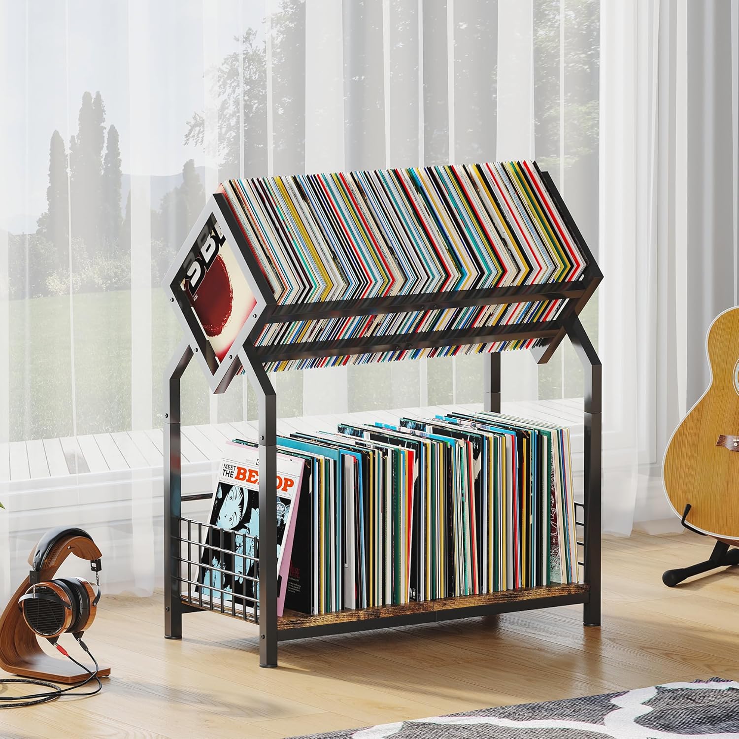 2-Tier Vinyl Record Storage Holder with Dividers, 24.4''W Vinyl Record Display, 300 LPs Vinyl Record Storage Rack, Suitable for Magazines, Books, Documents, Albums