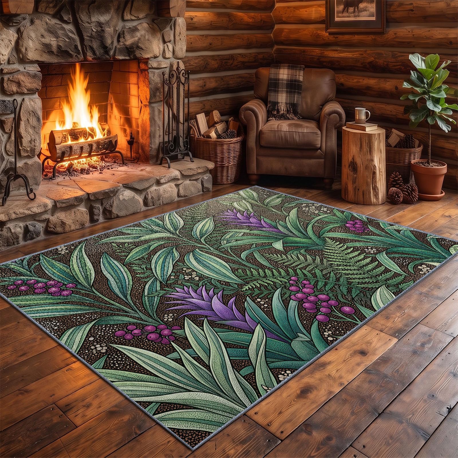 Tapis Poil Ras Salon Illustration Tropicale Doux Moquette Chambre 80 x 150 cm, Lavable Descente De Lit Vert pour Cuisine, Salle à Manger, Bureau Couloir-Tapis Forêt Tropicale Humide Fougères Plantes