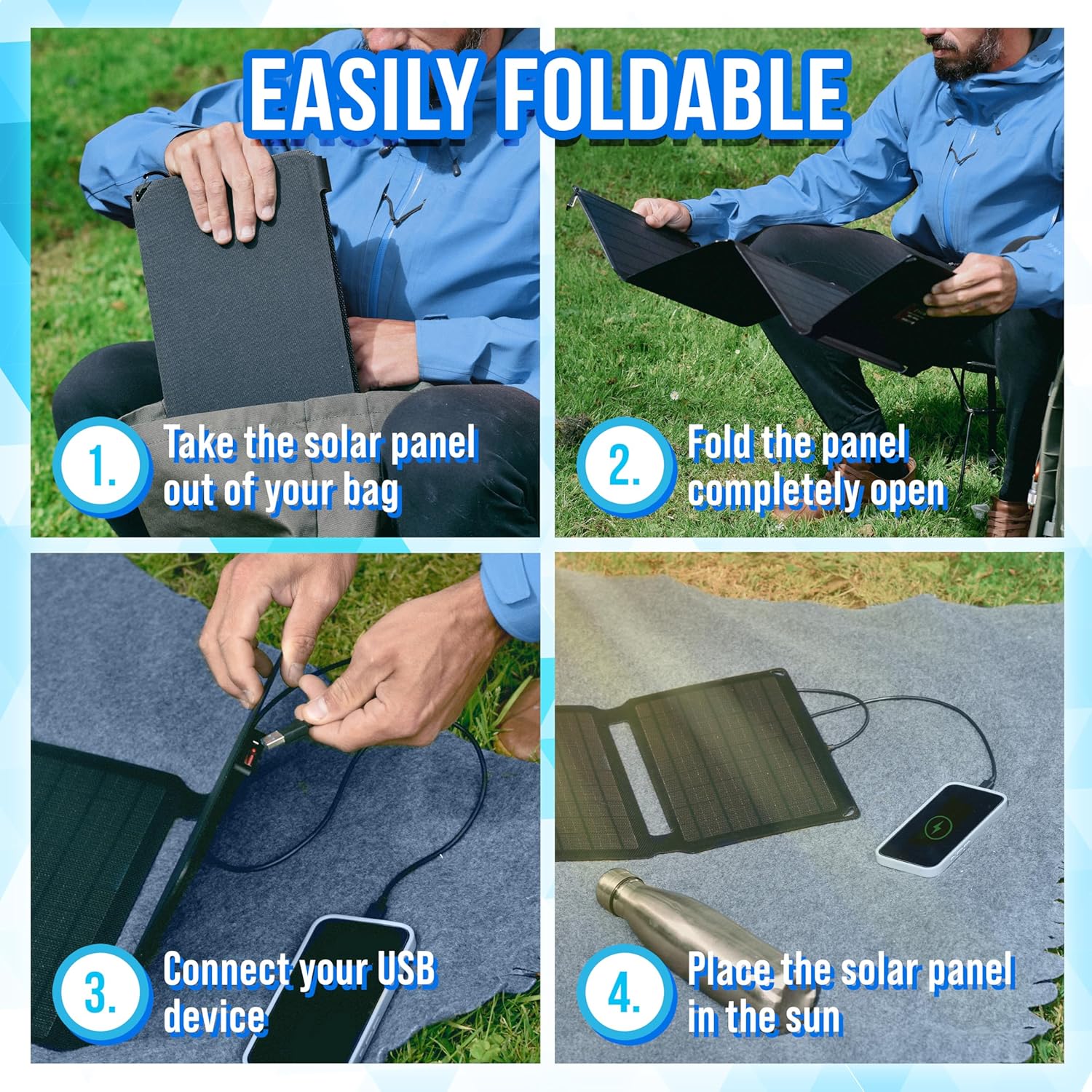 Four-step visual guide showing how to unfold the solar panel, connect a USB device, and place it in the sun for charging.