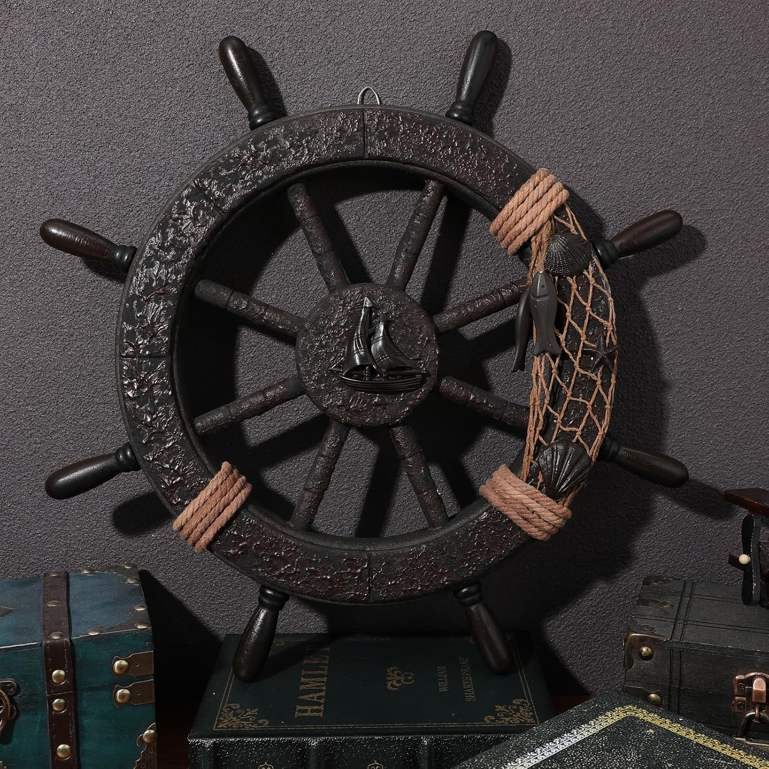 Nautical Wheel Decor Rustic Boat Steering Wheel Fishing Net Wall Sculpture Rudder Hanging Ornament Mediterranean Style Nautical Captain Rudder for Home Beach Theme Decor