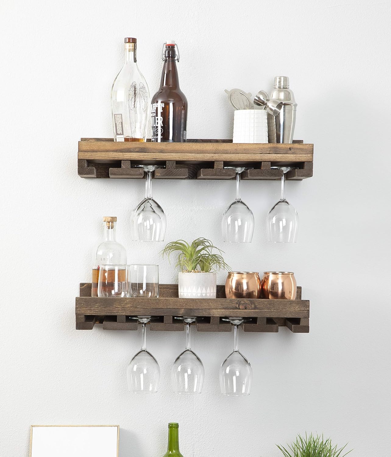Cask & Timber Wall Mounted Wine Stemware Glass Holder, Set of 2, Solid Wood Floating Shelf (Dark Walnut, 24 Inch Width)