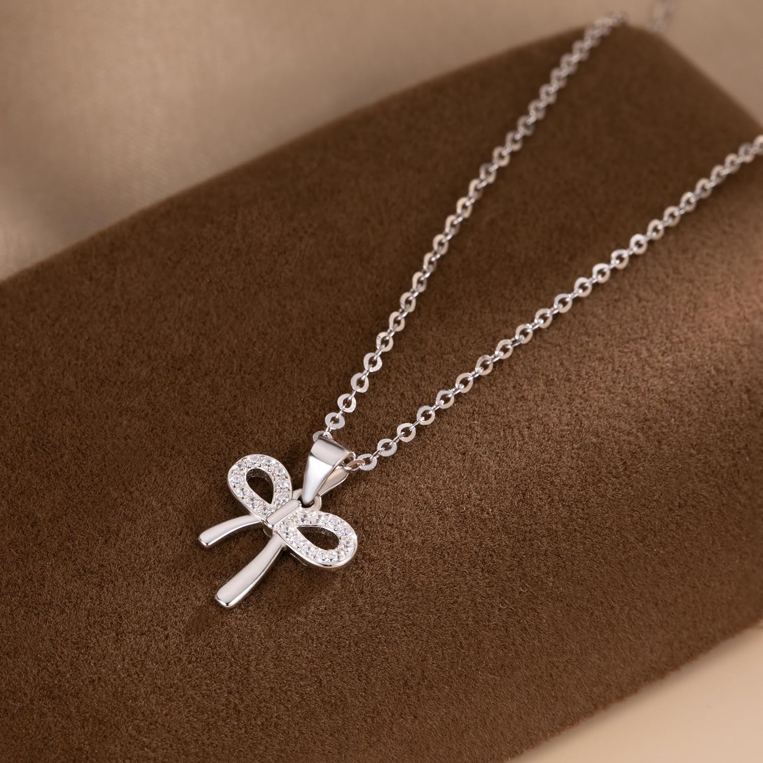 Reffeer Solid 925 Sterling Silver CZ Bow Necklace Chain for Women Teen Girls Crystal Bow Pendant Necklace Choker Bowknot - Image 5