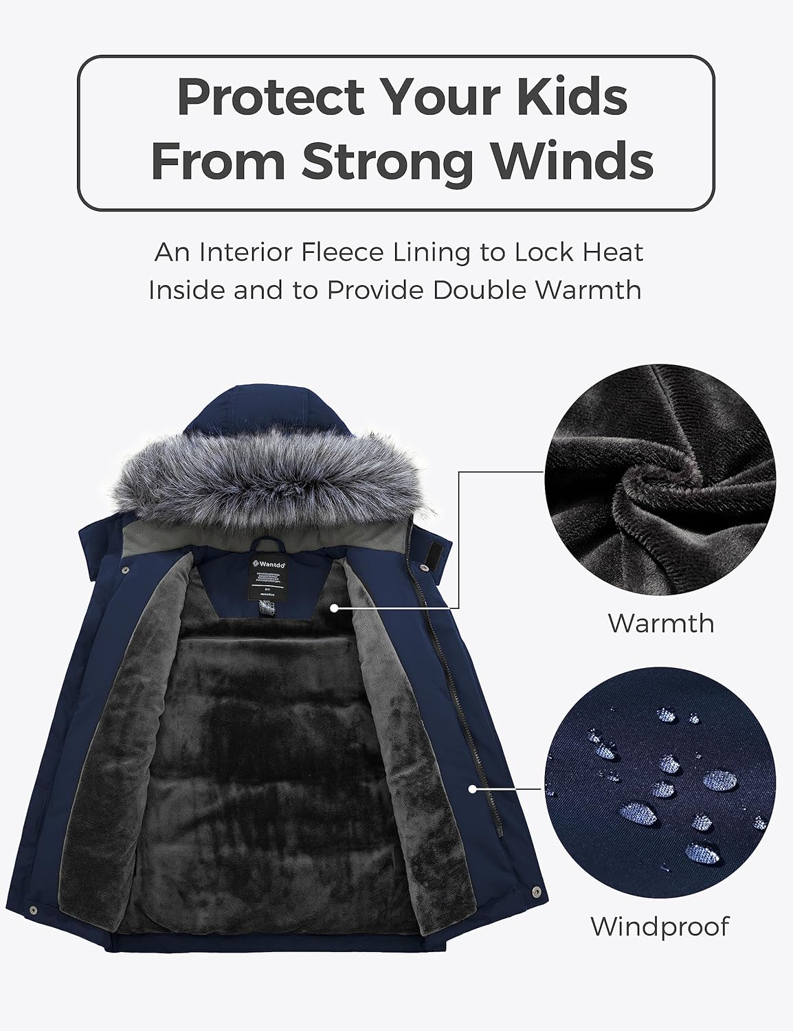 wantdo Boys' Winter Coat Waterproof Puffer Jacket Fleece Parka Hooded - Image 5