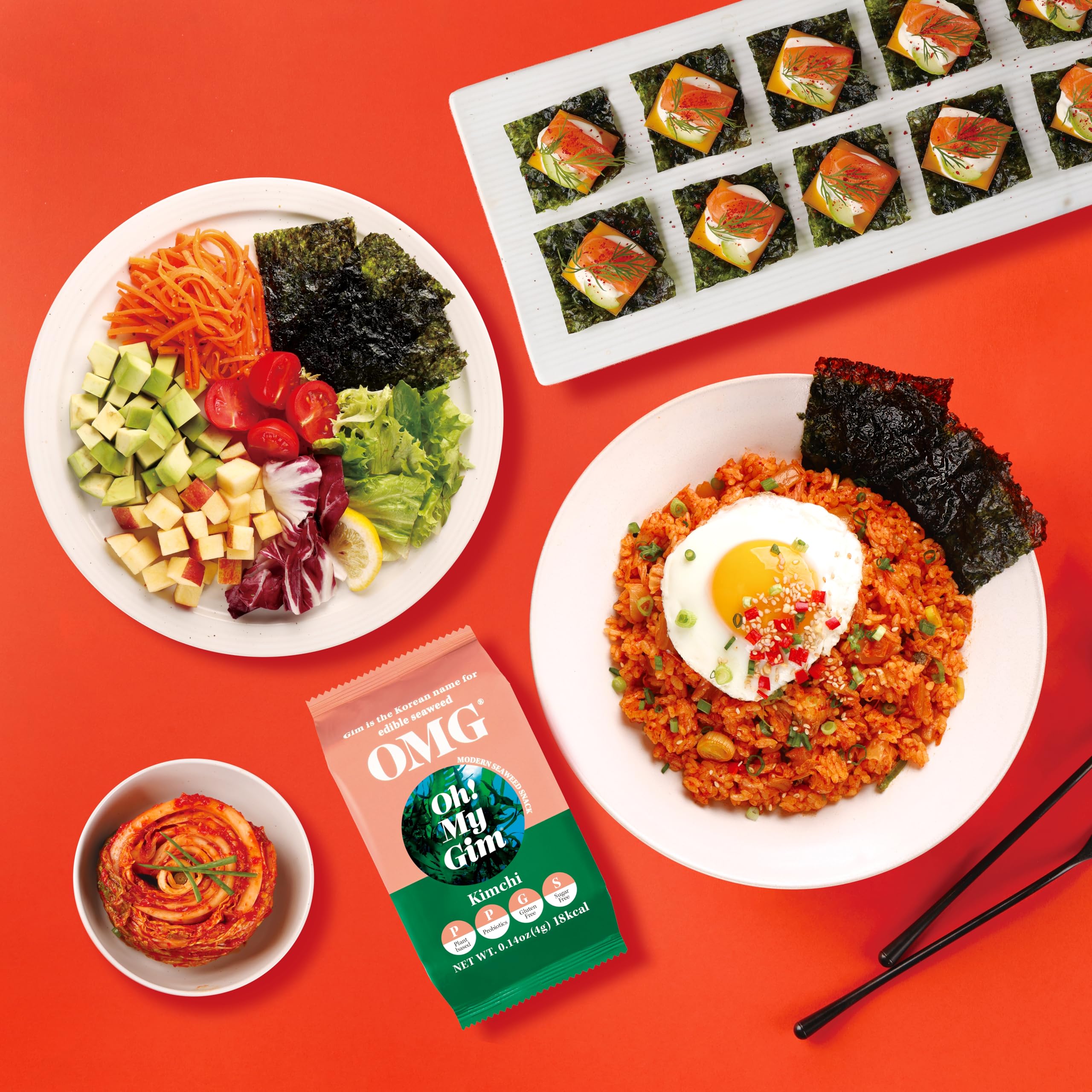 Oh! My Gim – Snack aux algues coréennes – Saveur Kimchi, Léger & croustillant – Encas original – 16 pack