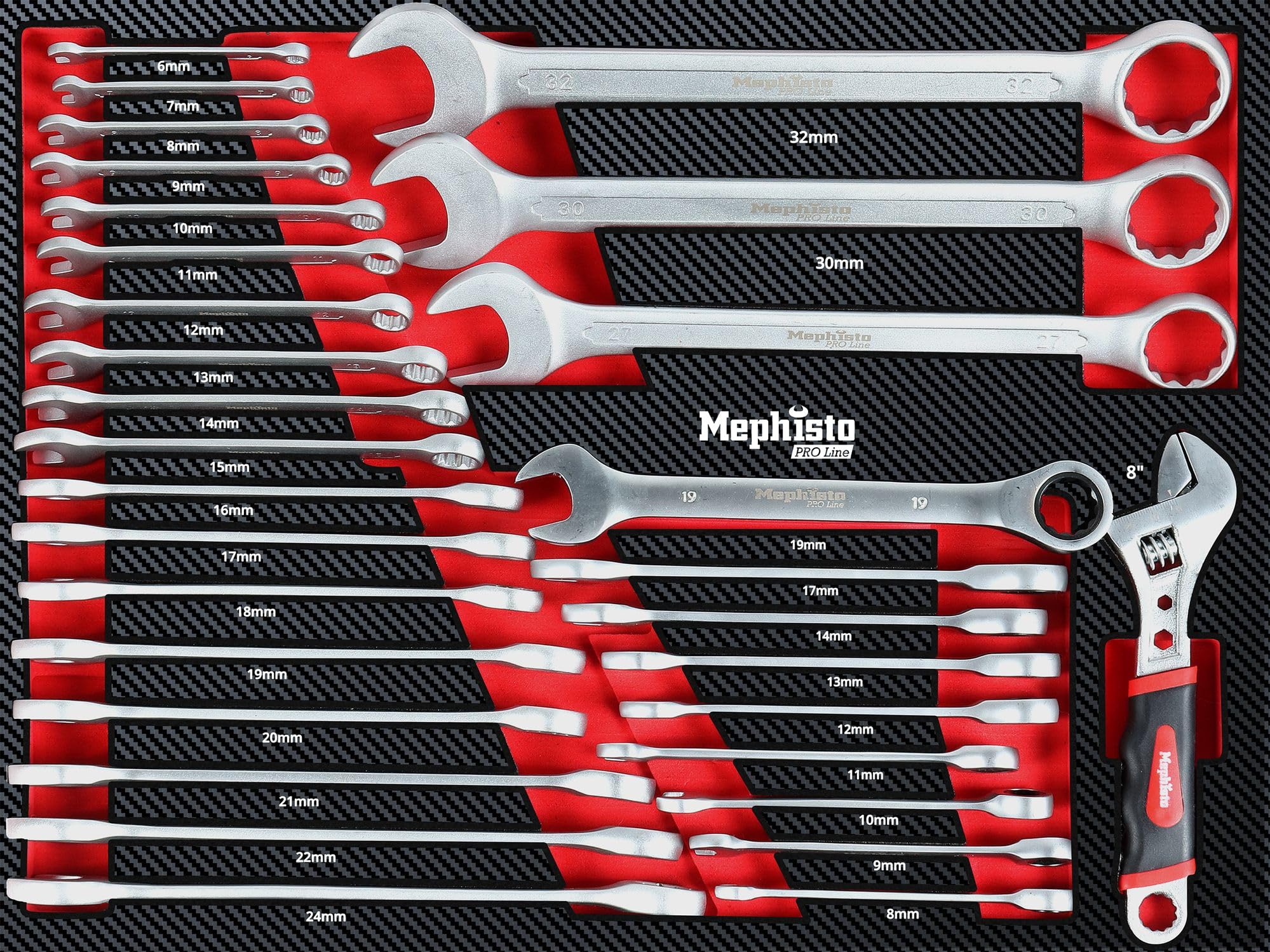 Mephisto Juego de llaves combinadas para carro de taller Pro Line, con llave de horquilla, llave de carraca, llave inglesa en Soft Inlay en imitación de carbono