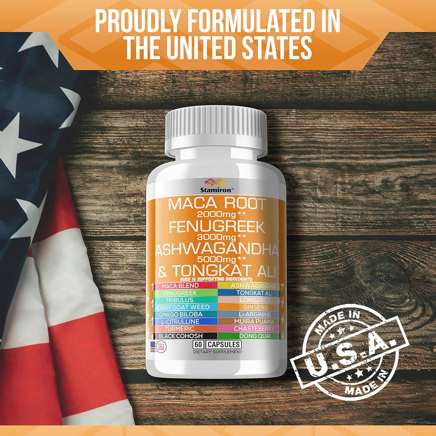 Maca Root 2000mg Fenugreek 3000mg Ashwagandha 5000mg Supplement with Tongkat Ali, Dong Quai, Black Cohosh Root, Ginkgo Biloba, L Arginine, L-Citrulline, Ginseng, Turmeric - Made in USA Stamiron (60Ct) : Health & Household