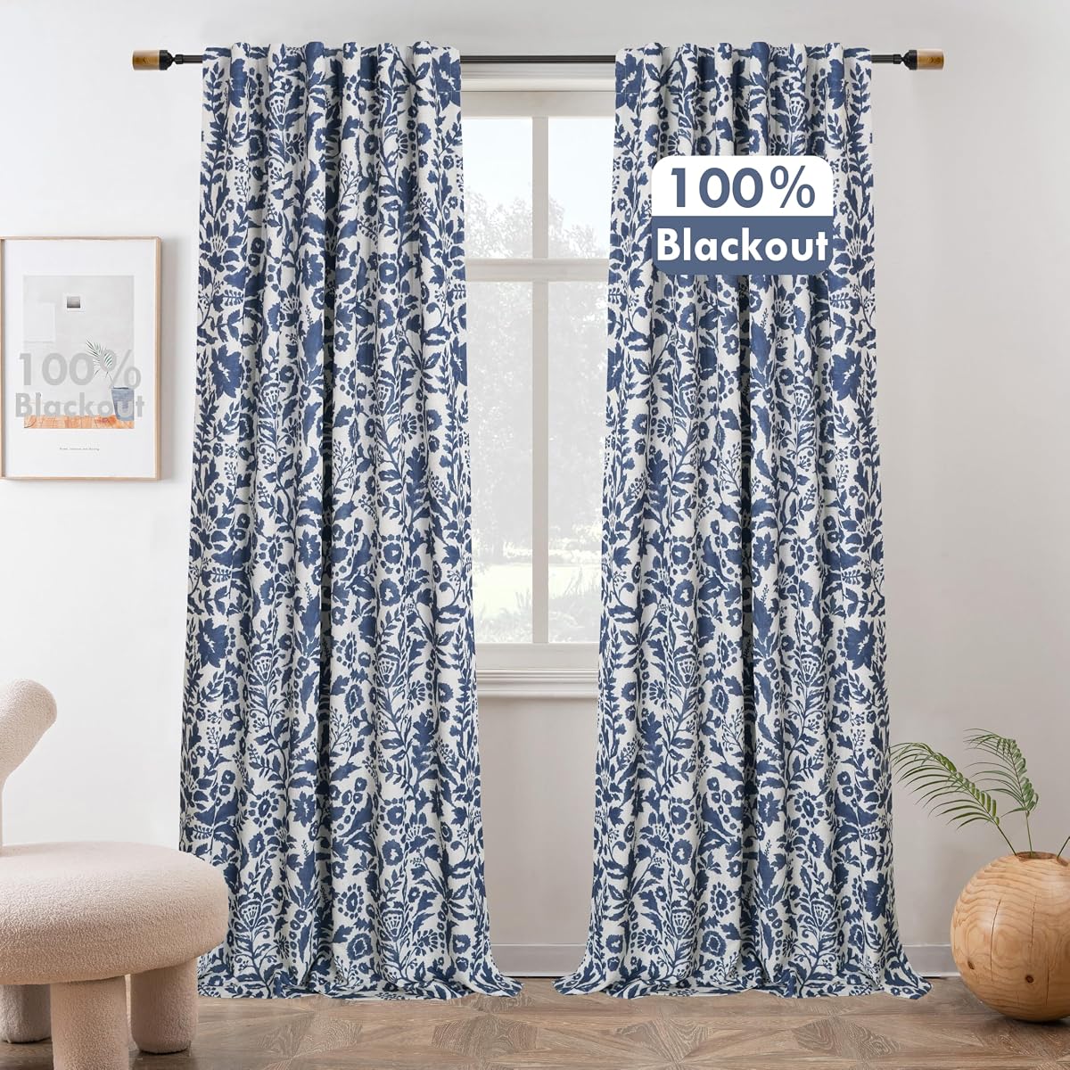 DriftAway Julia 100% Blackout Curtains Back Tab 2 Panels, W52xL84, Navy | Floral Curtains, Bedroom, Living Room, Linen Blend, Watercolor Pattern, 2 Layers, Thermal Insulated, Window Treatment