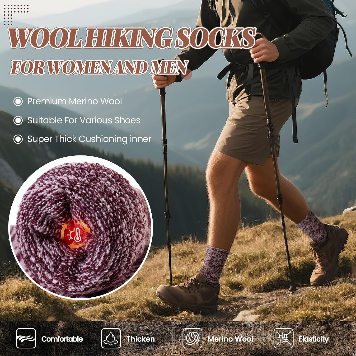 Merino Wool Boot Socks Thermal Winter Ski Thick Warm Hiking Socks for Women Men 3 Pairs image 3