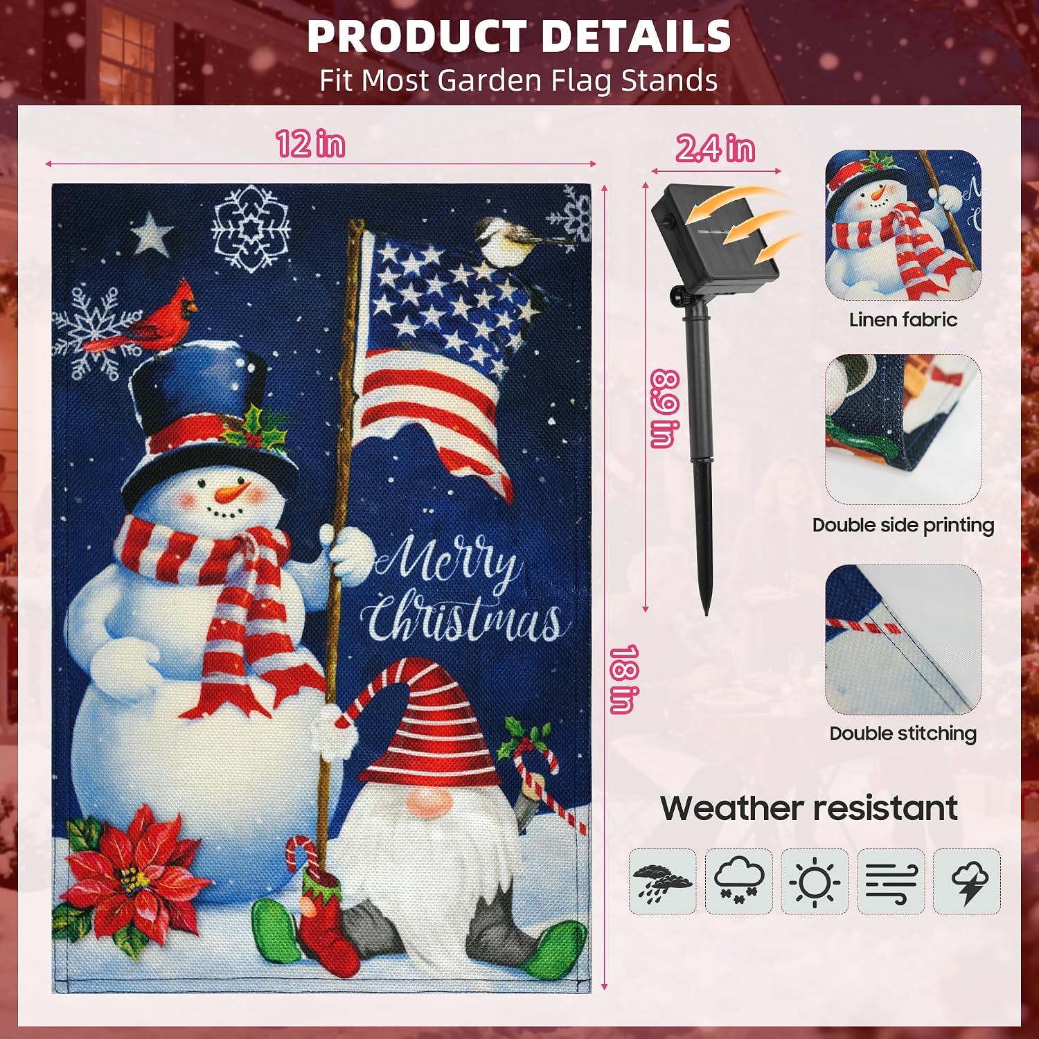 Solar Christmas Garden Flag，8 Modes Double Sided Outdoor Christmas Decorations，Led Snowman Garden Flag Winer Yard Flag （Snowman Flag）
