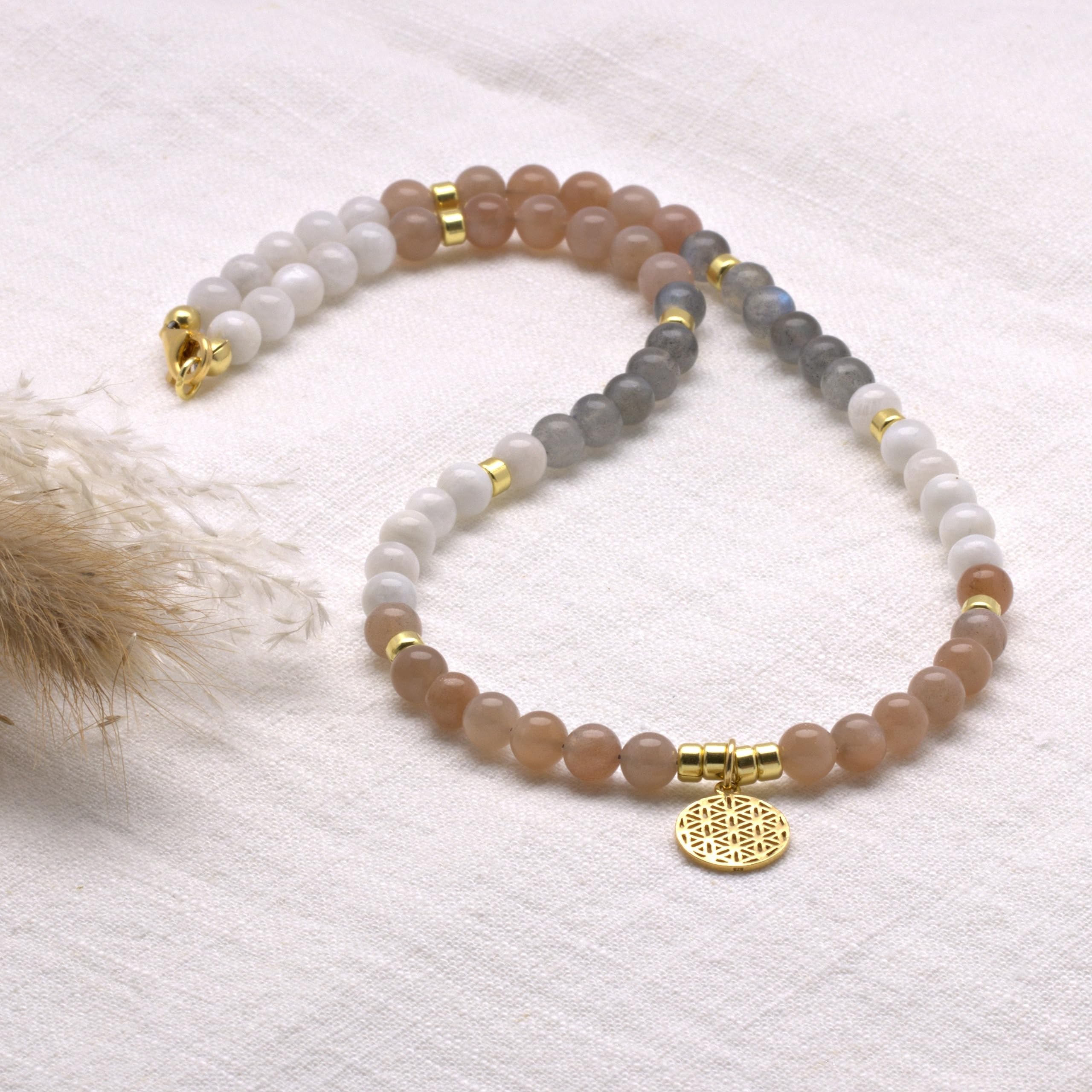 KARYSMA Echte Edelstein-Kette mit Anhänger Lebensblume, 925er Silber, Gold oder Roségold plattiert