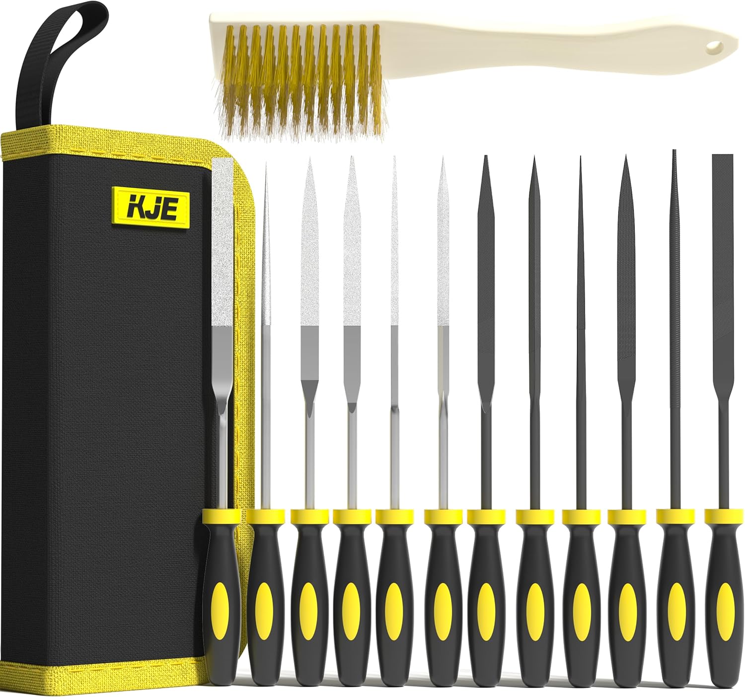 KJE 13-Piece Needle File Set: 6 Diamond + 6 Metal Files, Brush & Case for Precision Jewelry, Wood, Metal Work