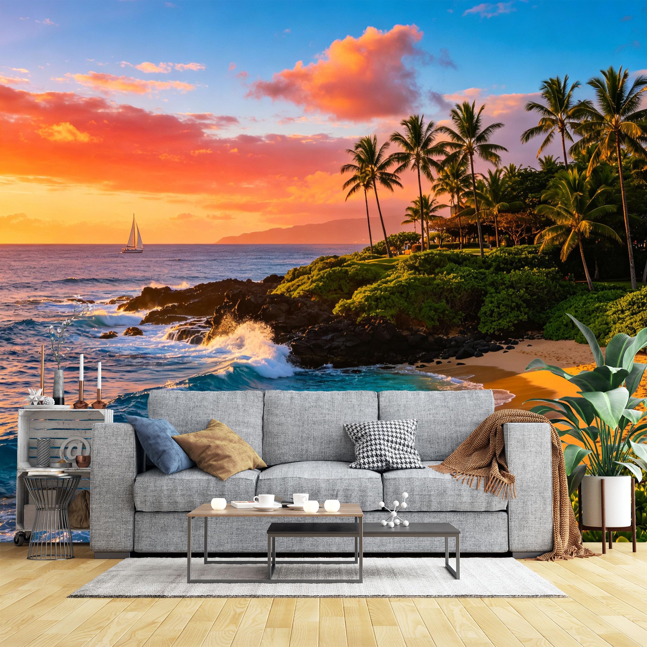 Lcythiazole Ch260604128 Custom Size Wall Murals Orange Sunset Sailboat Palm Beach Wall Murals Ocean Coast Wallpaper Hd Self-Adhesive Removable Wallpaper For Living Room Bedroom