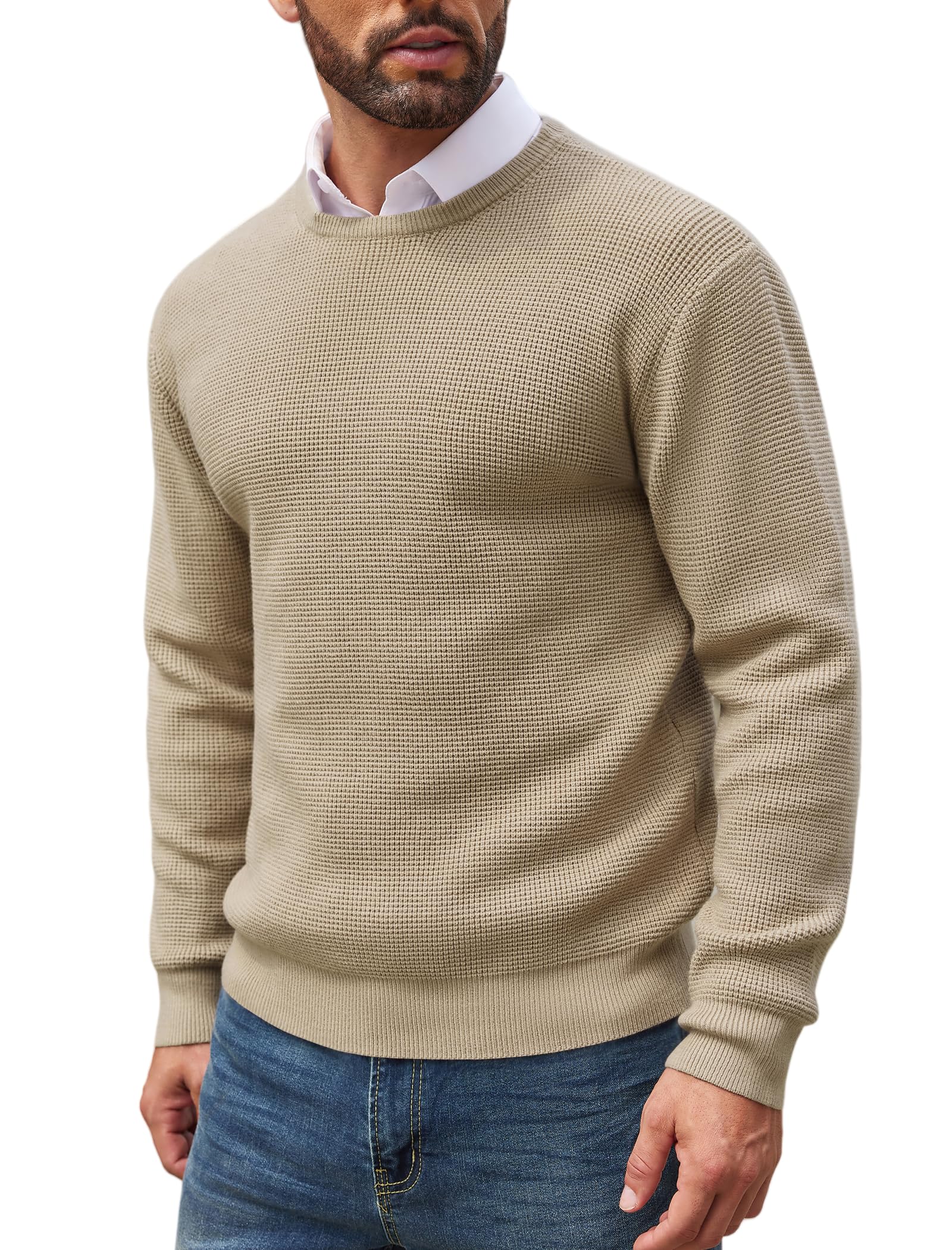 COOFANDY Herren Pullover Waffelstrick Strickpullover Winter Modern Einfarbig Männer Pulli mit Rundhals
