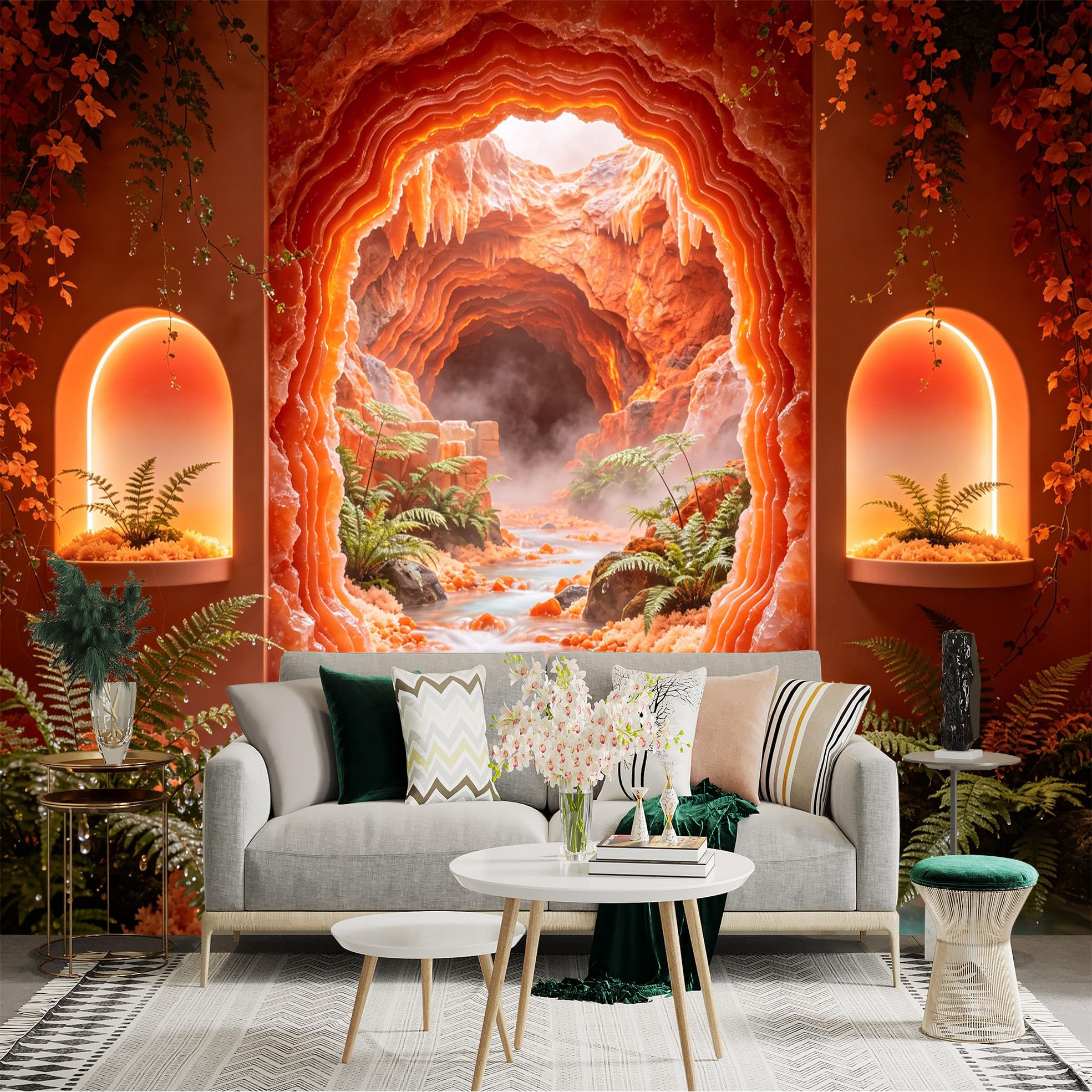 Custom Size Wall Sticker Mural， Fantasy Cave with Crystal Walls， Flowing Stream and Lush Ferns， for wall Decoration， peelandstick wall Decals.
