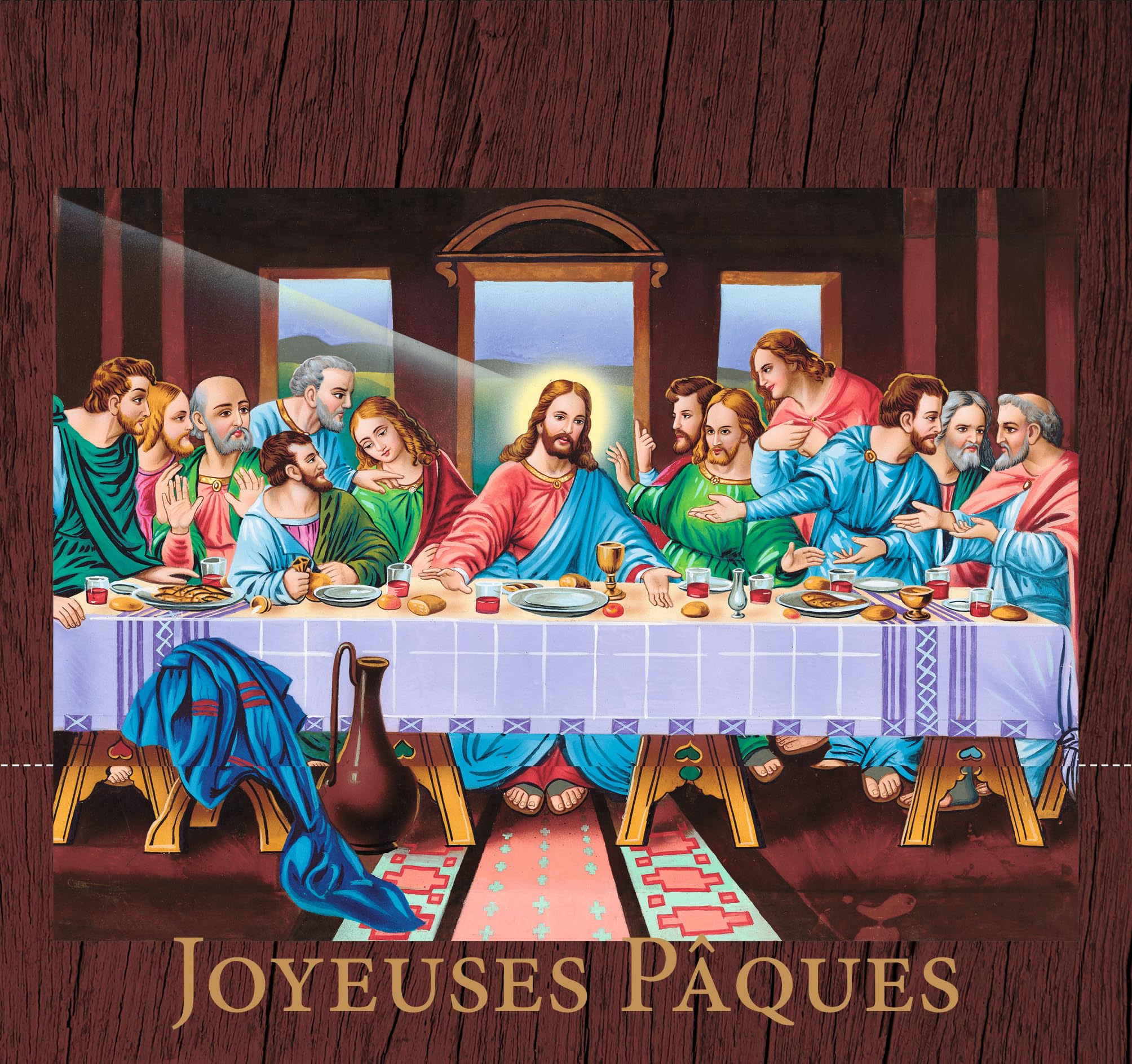 62-1011-B Carte DÉPLIANTE Pop-up 3D Joyeuses PÂQUES En Or Doré Brillant Et Enveloppe Blanche - Jésus Christ Cène Repas Partage Pain Vin Apôtres Fête Printemps