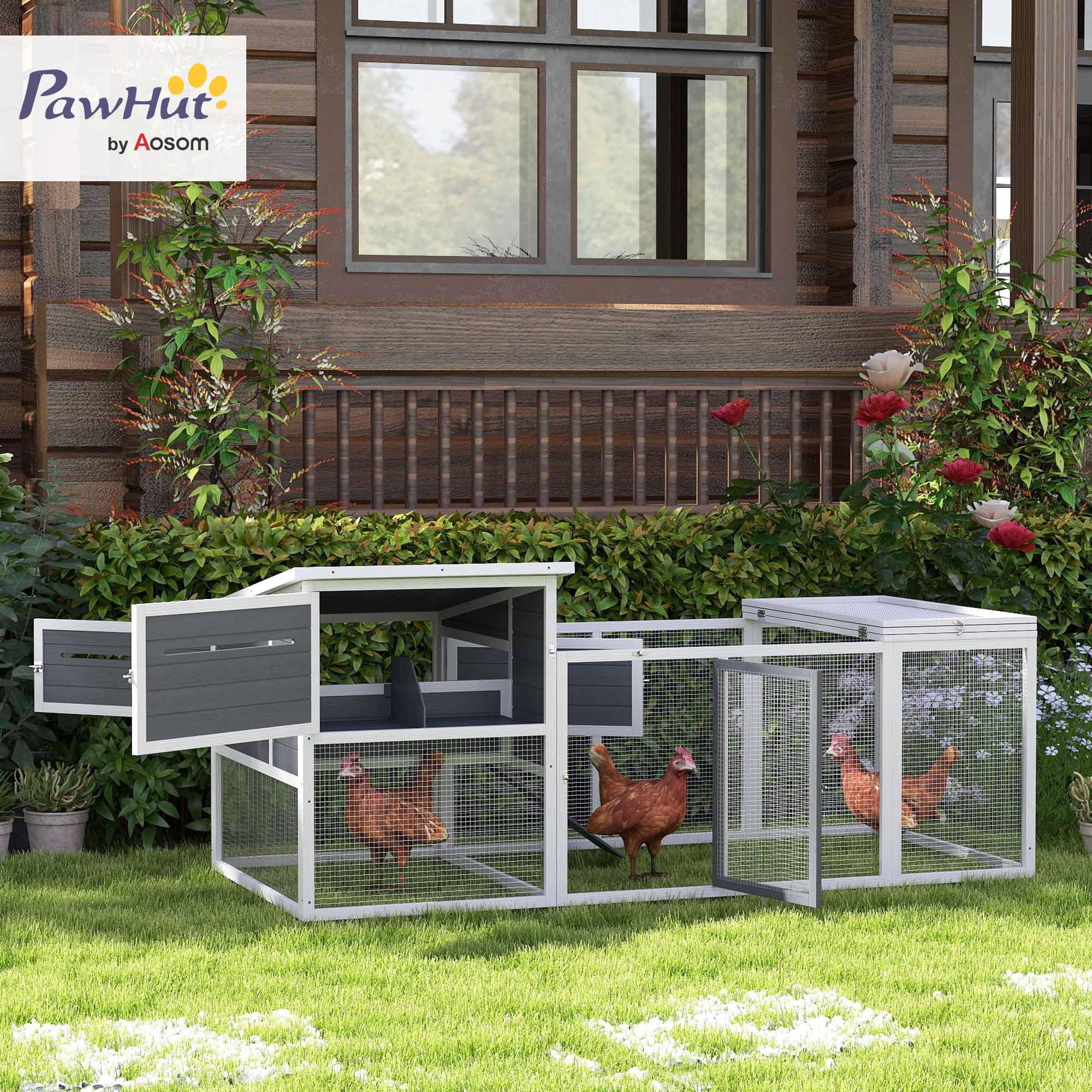 PawHut Pollaio per Galline Ovaiole Esterno con Casetta, Nido per Cova, Tetto Impermeabile Apribile, Vassoio Estraibile, Porte, Gabbia Recinto per 2-4 Galline Conigli in Legno, 214x101x91.5cm, Grigio