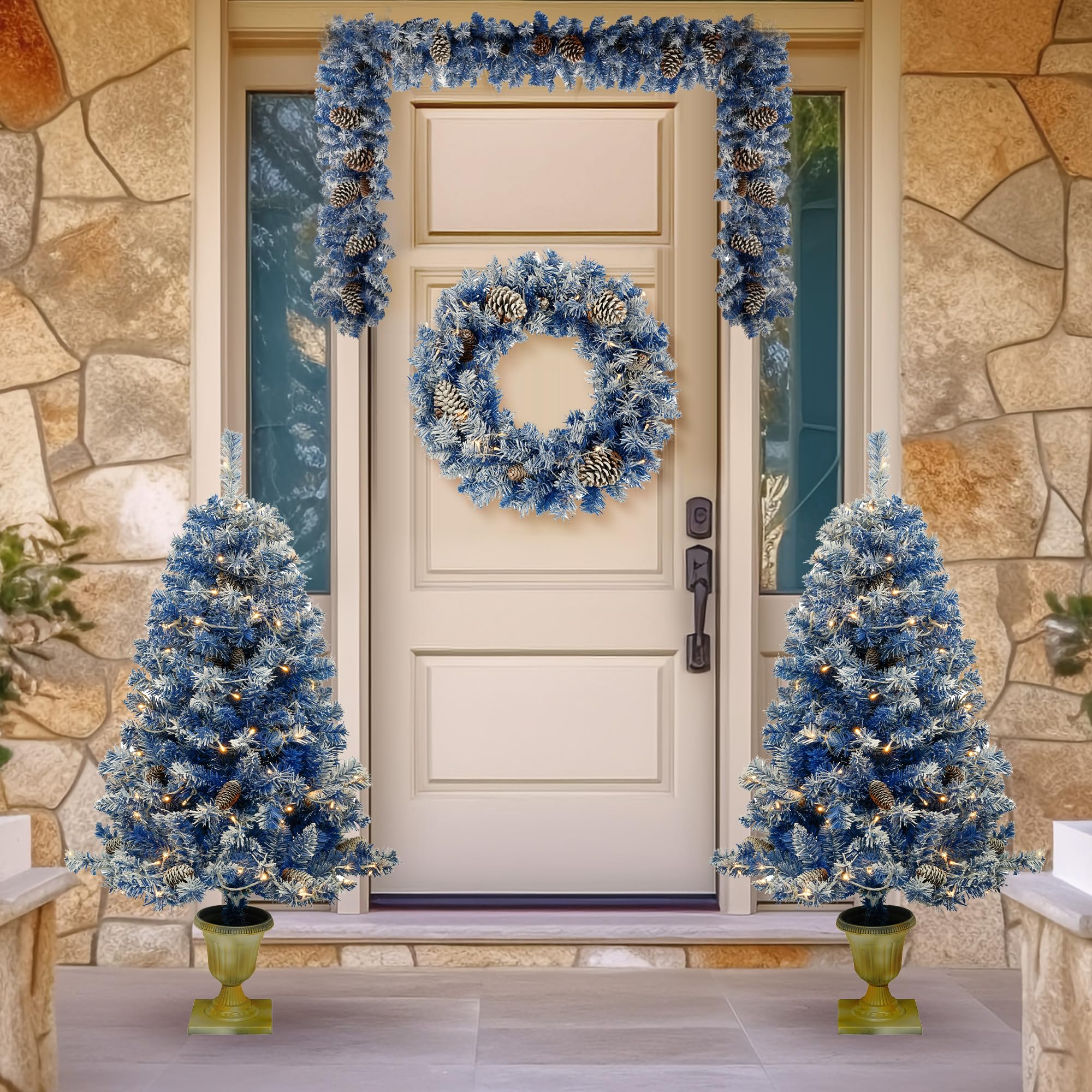 Virubi 4Pcs Christmas Tree Garland Wreath Set, 2Pcs 4ft Prelit Artifical Christmas Tree, Prelit Christmas Wreath and 9ft Garland with Berry Pine Cone for Indoor Outdoor Xmas Party Home Decor (Blue)