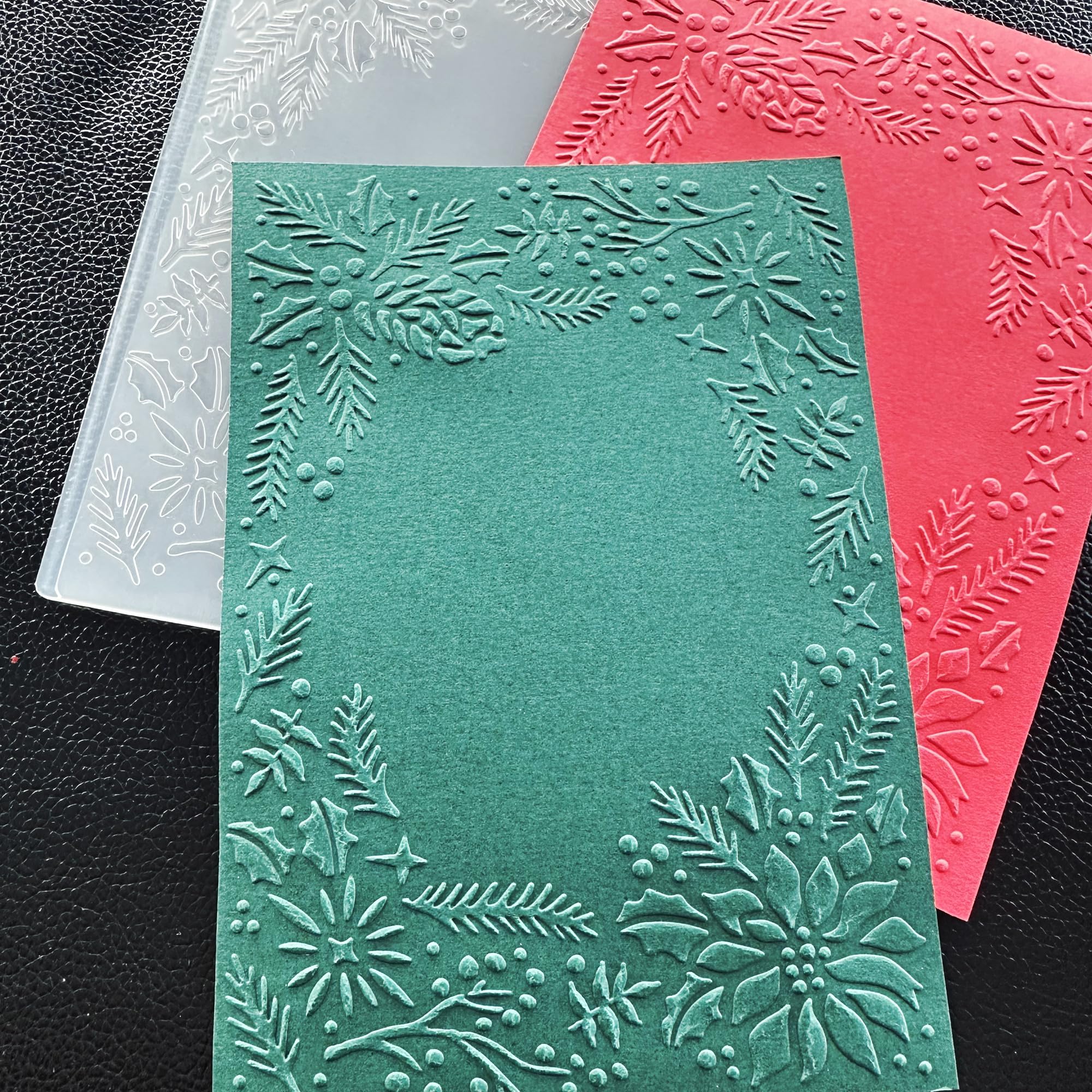 arriettycraft 3D Christmas Plastic Embossing Folders for Card Making 3 d Evergreen Holly Leaves Frame Embossing Folder for Gift Tag Paper Crafting Home Decoration 5"x7"