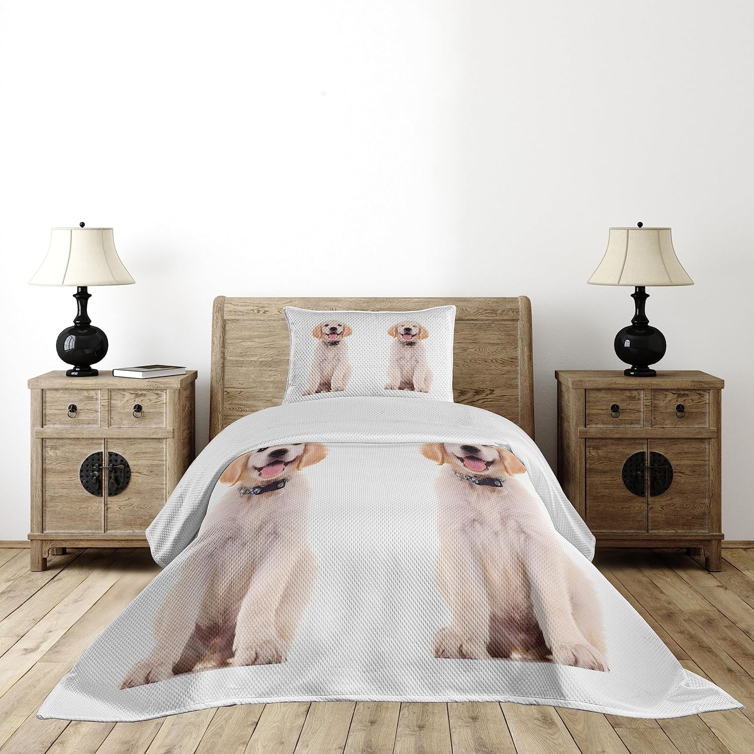 Ambesonne Golden Retriever Coverlet, 2 Emotional Poses of a Young Panting Domestic Puppy Happy and Playful, 2 Piece Decorative Quilted Bedspread Set with 1 Pillow Sham, Twin Size, Powder Pink