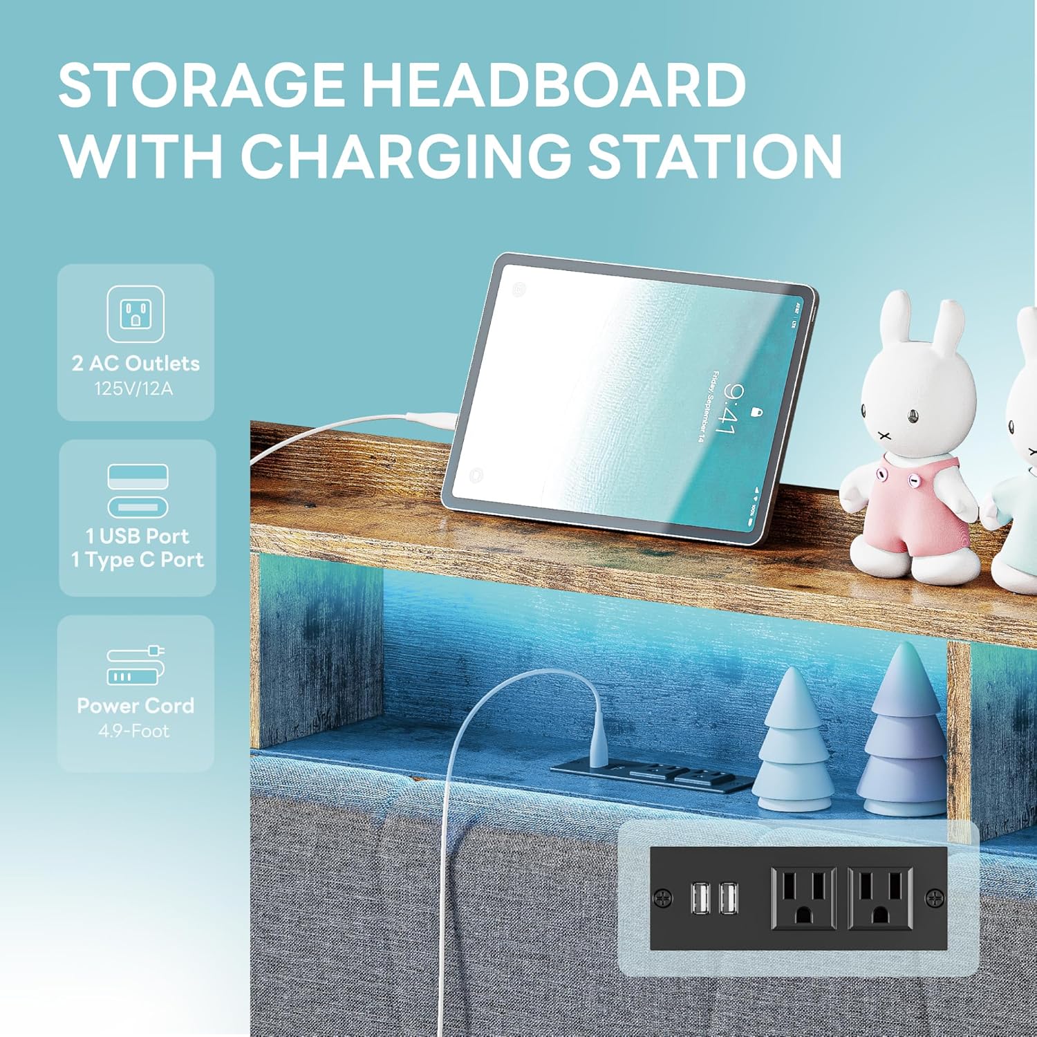 LIKIMIO Twin Bed Frame with 2 Storage Drawers, Charging Station & LED Lights, Upholstered Platform Twin Bed with Storage Headboard, Strong Wooden Slats, No Box Spring Needed, Easy Assembly, Grey - Image 4