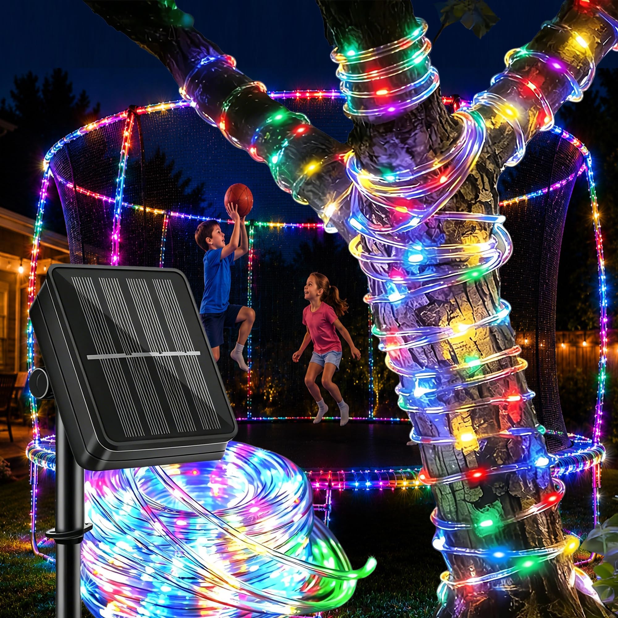 LairtPOW Solar Rope Lights Outdoor, 39FT 100 LED Solar Trampoline Lights with 8 Modes, IP67 Waterproof Color Changing LED Rope Lights for Trampoline Backyard Patio Tree Christmas Decor, Multicolor