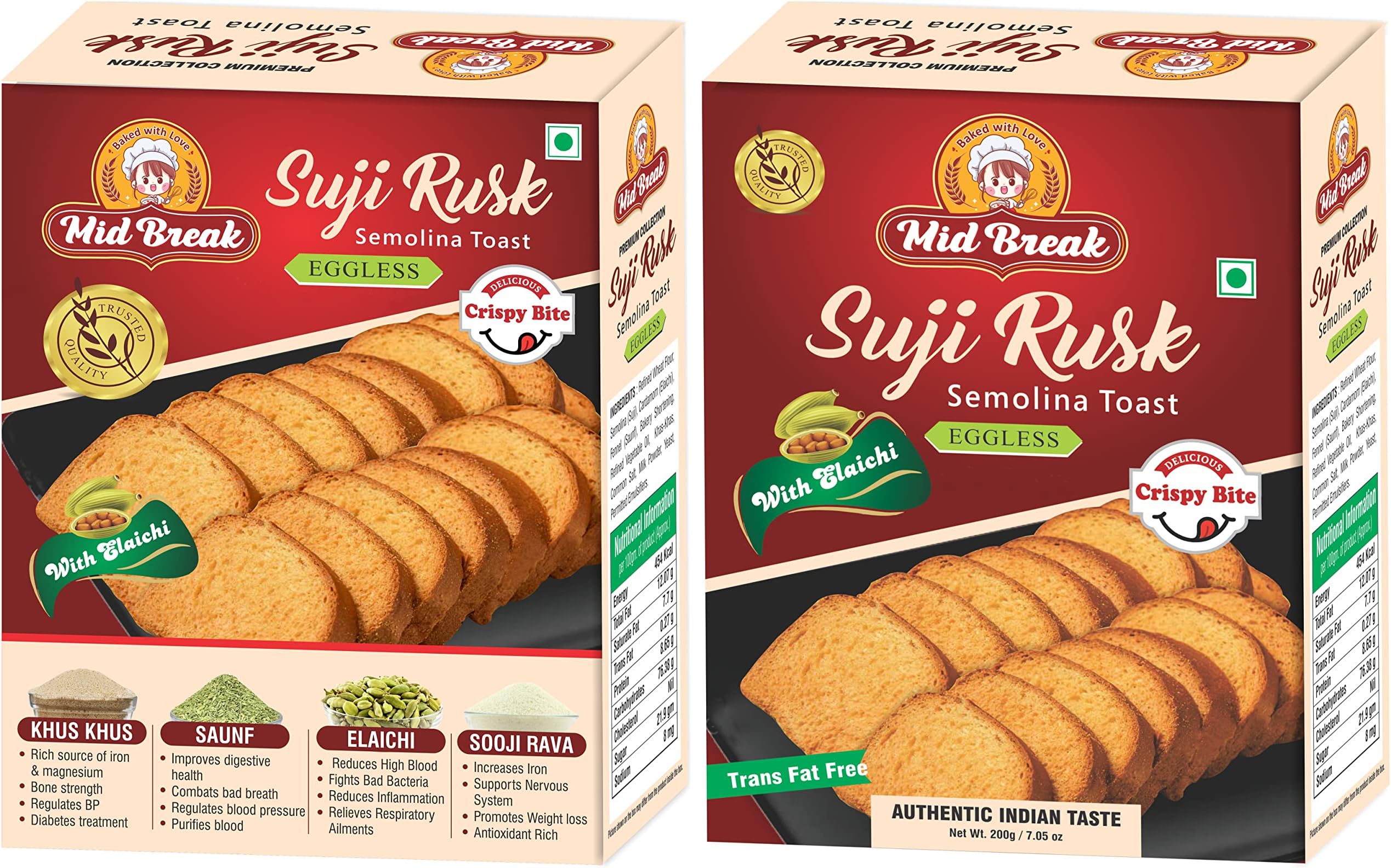 MidBreak Premium Suji Rusks 3-in-1 | Saunf & Elaichi Flavoured Crispy Handmade Rusk | Tea-Time Snack (Pack of 2)