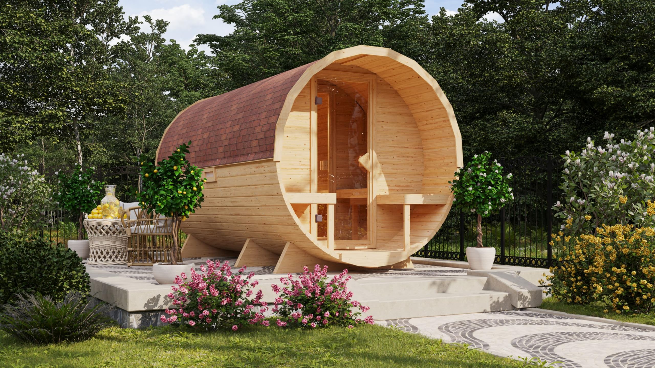 Karibu Fasssauna Set naturbelassen mit Ofen 9 kW integr. Strg., Kabel, Schindeln in versch. Längen (Länge 389 cm)