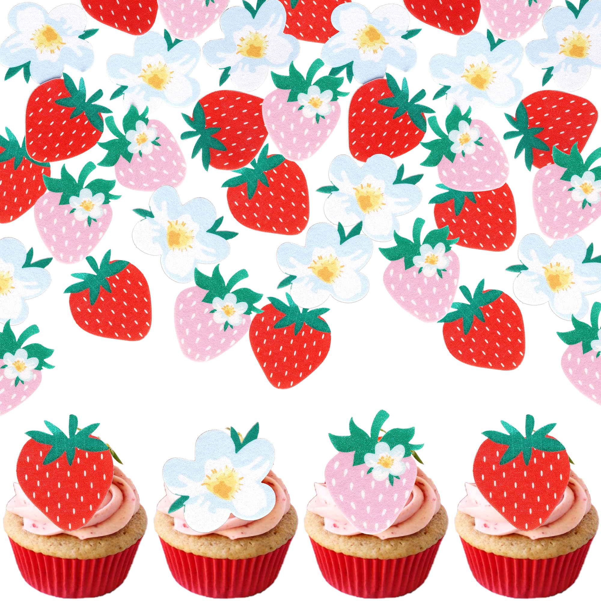 Xsstarmi 60 Pack Strawberry Edible Cupcake Toppers Rice Paper Pink Red Strawberry Flower Cupcake Picks for Summer Baby Shower Birthday Party Cake Decorations Supplies