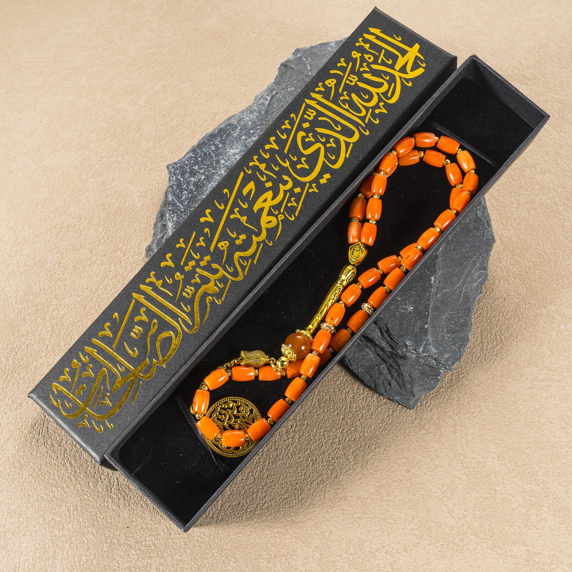 45-Perlen Korallen-Tasbih mit Zertifikat – Rote Koralle, handpoliert, Gebetskette mit Geschenkbox